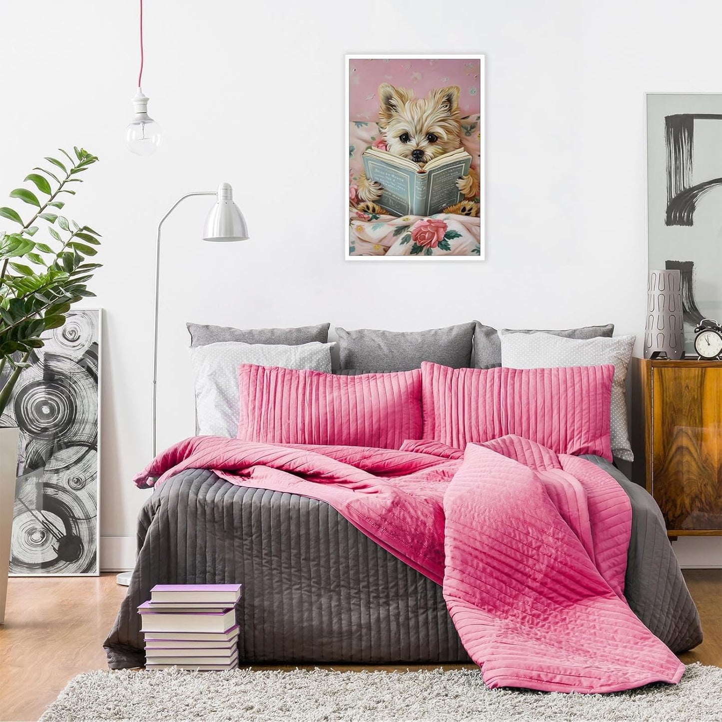 Vintage Dog Reading Books Posters Pink Funny Animal Canvas Wall Art Cute Pet Lovers Minimalist Aesthetic Prints Painting For Girls Room Home Bedroom Dorm Wall Decor 12x16in Unframed