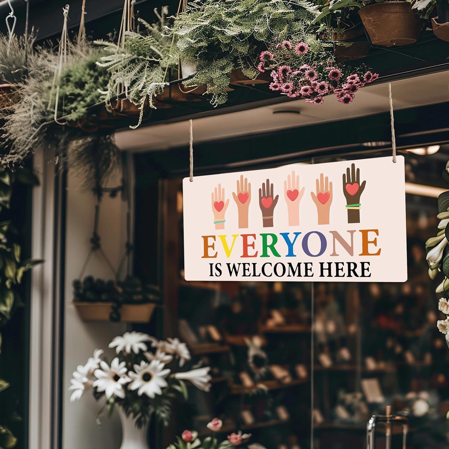 Everyone Is Welcome Here Sign - Classroom Playroom Reading Corner Wall Decor, Boho Rainbow Classroom Wooden Hanging Welcome Sign for Nursery School 12x6 Inches