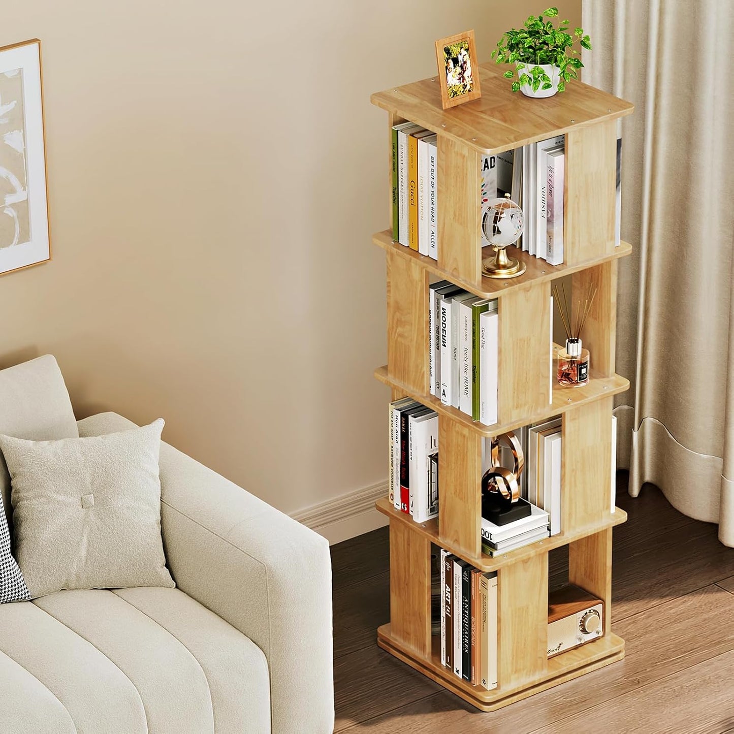 Wooden Rotating Bookshelf 4 Tier, Revolving Bookcase, 360° Spinning Book Shelf Tower Kids, Narrow Bookshelves Lazy Susan Organizer for Small Space, Corner, Bedroom, Living Room, Office, Natural