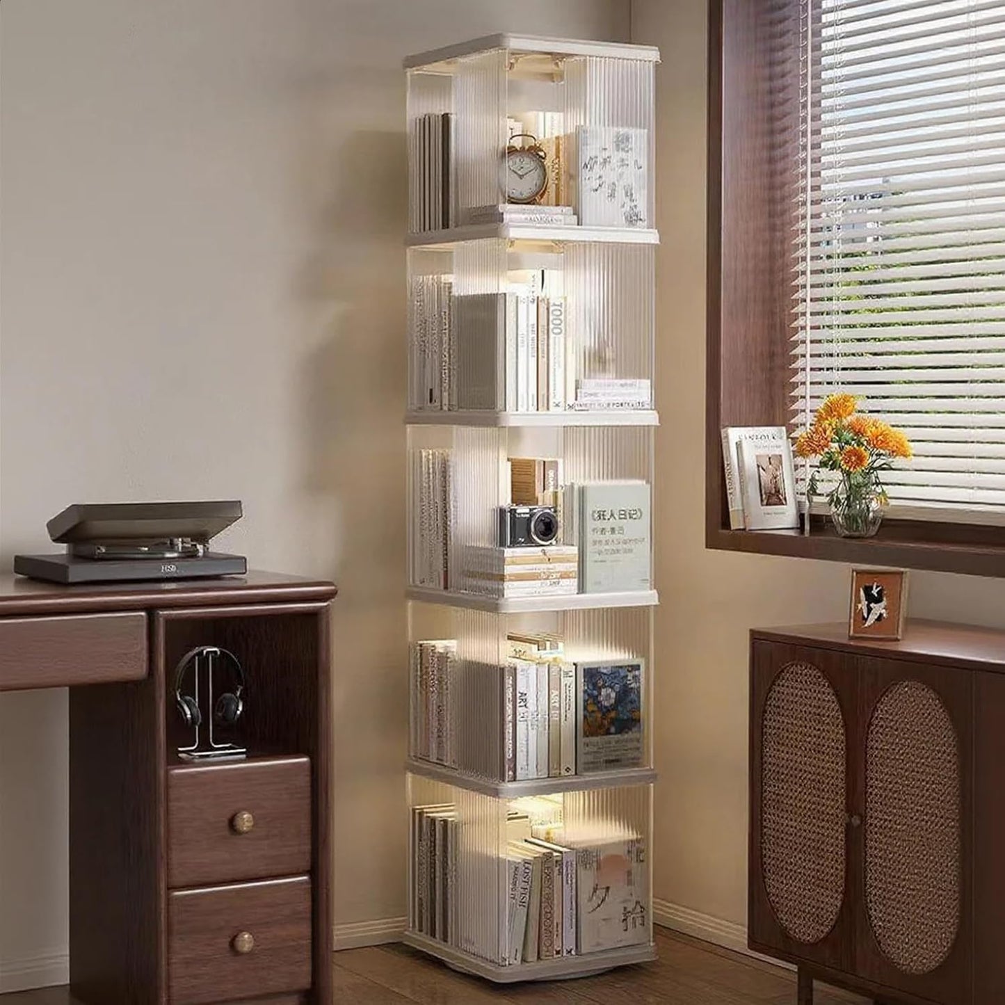5 Tier Rotating Bookshelf Tower, 360° Rotating Bookshelf, Space Saving Rotating Bookshelves, Revolving Bookcase Suitable for Bedrooms, Living Rooms, Studies and Offices, White, Lazy Susan