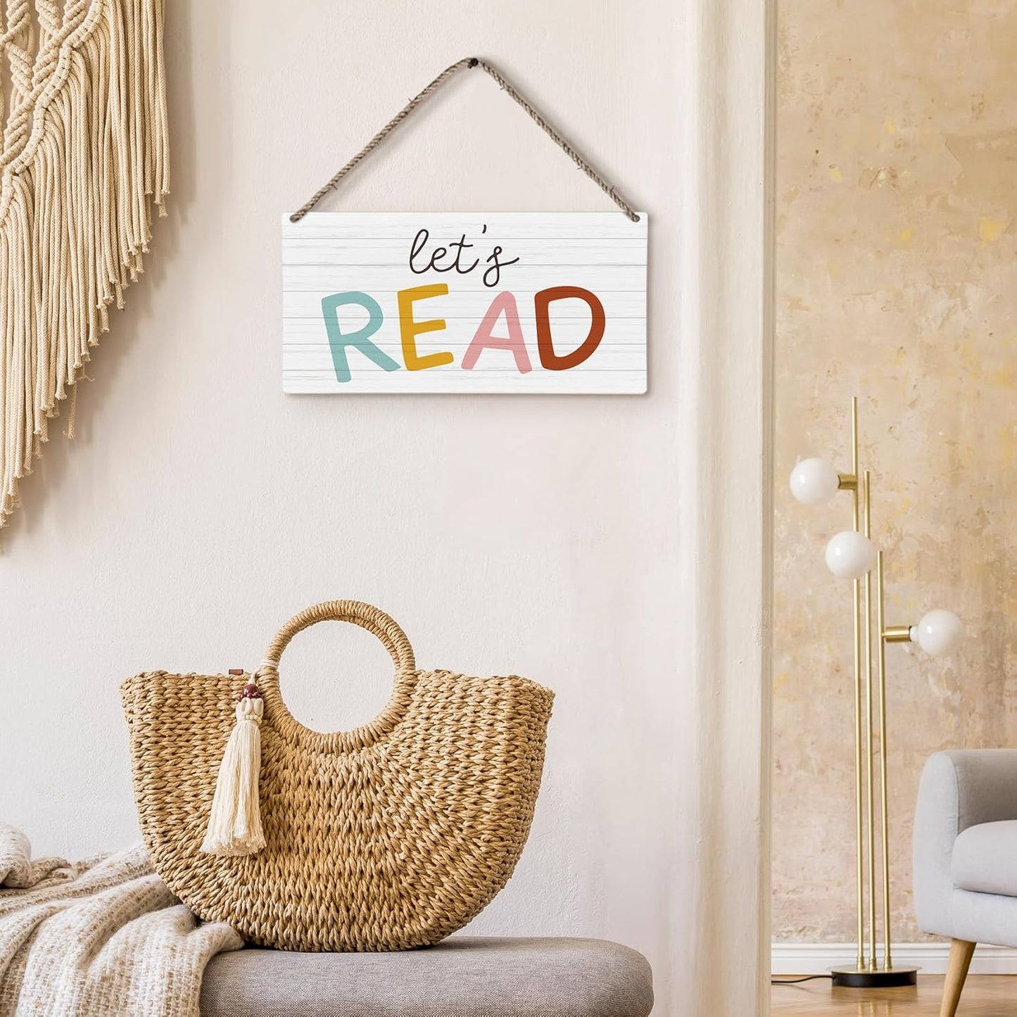 huester Reading Corner, Reading Corner Decor for Classroom, Boho Classroom Home Library Let’s Read Sign Wall Hanging Decor, 12x6 inches