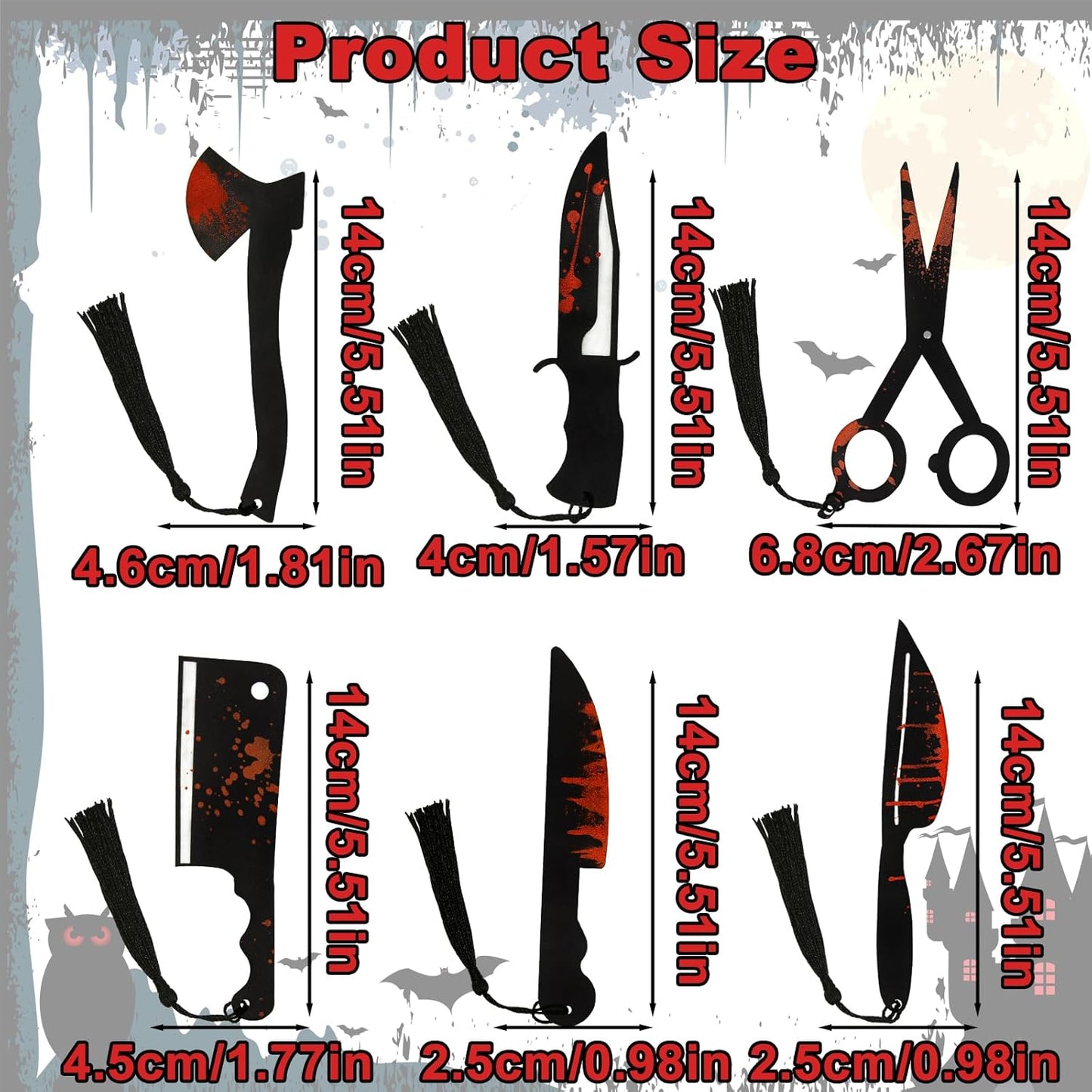 6Pcs Horror Novelty Bookmark Set, Fake Knife Shapes with Blood Stain Gothic Book Accessories Dark Romance Acrylic Page Holders with Black Tassels Halloween Craft