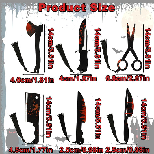 6Pcs Horror Novelty Bookmark Set, Fake Knife Shapes with Blood Stain Gothic Book Accessories Dark Romance Acrylic Page Holders with Black Tassels Halloween Craft