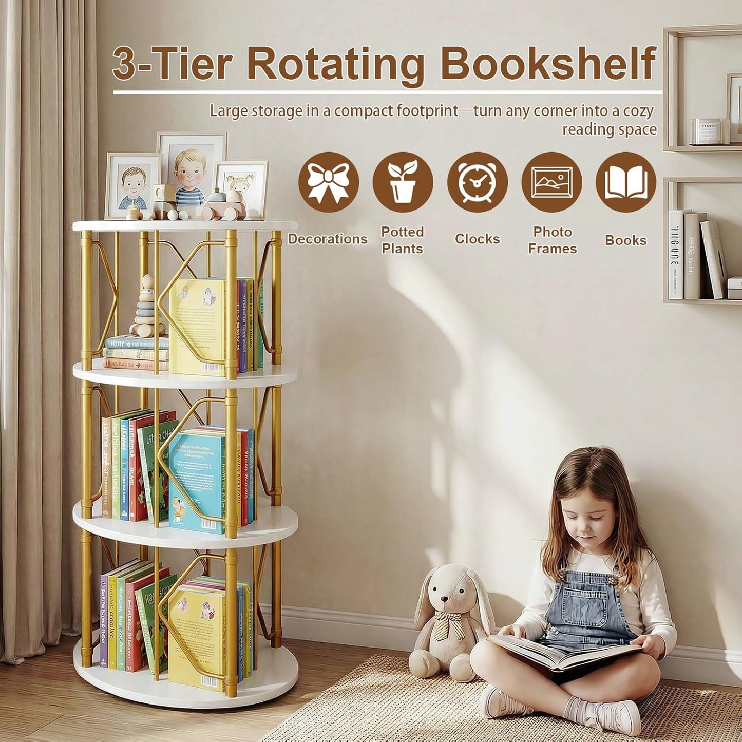 3 Tier Rotating Bookshelf Tower, Revolving Bookcase, 360° Round Spinning Book Shelf, Narrow Swivel Bookshelves Vertical Turning Corner Bookshelf Organizer for Bedroom, Living Room, Gold & White