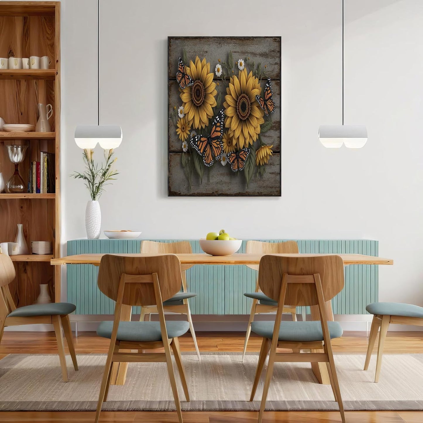 GDJSMIN Rustic Wooden Wall Wall Art, Sunflower Butterfly Illustration Poster for Reading Room Living Room Decor 12x 16 inch Unframed