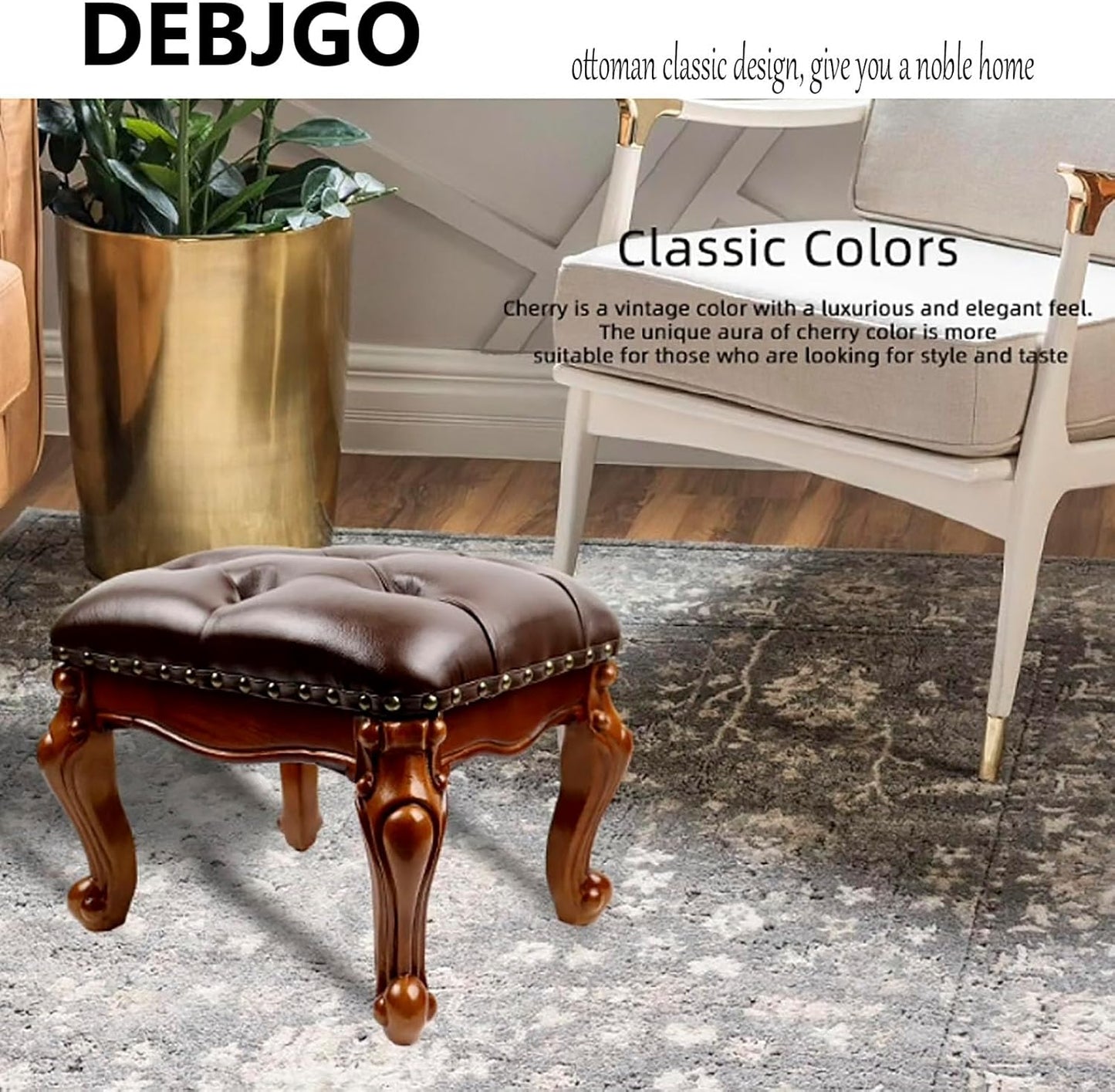 Leather Foot Stool Small,Vintage Ottoman Leather Foot Rest,Wooden Footrest,Upholstered Footstool for Couch/Living Room/Sofa,Cherry (12.6)