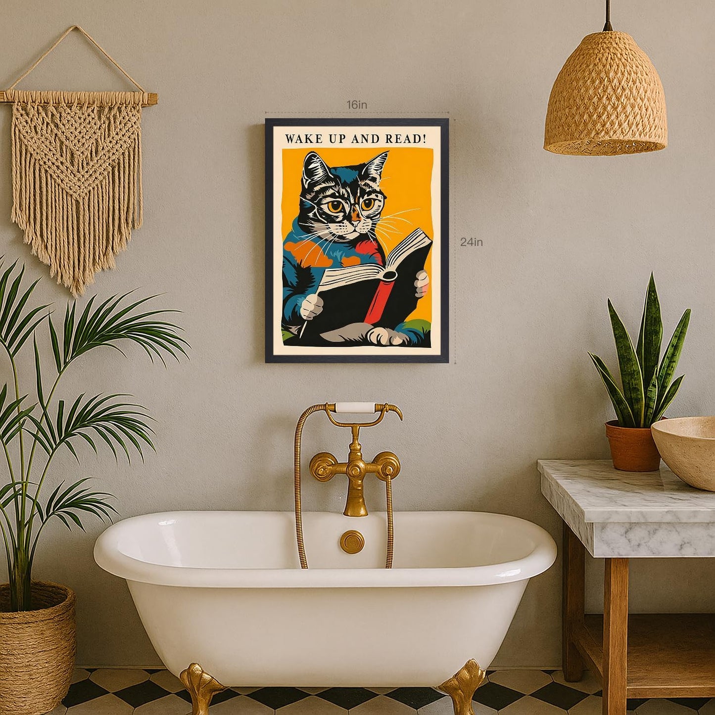 kilamino Wood Framed Funny Classroom Wall Art, Wake Up and Read Cat Wall Decor, Vintage Cute Animal Poster Print, Funny Reading Cat Canvas Painting for Library Classroom Bedroom School Office 16"x24"