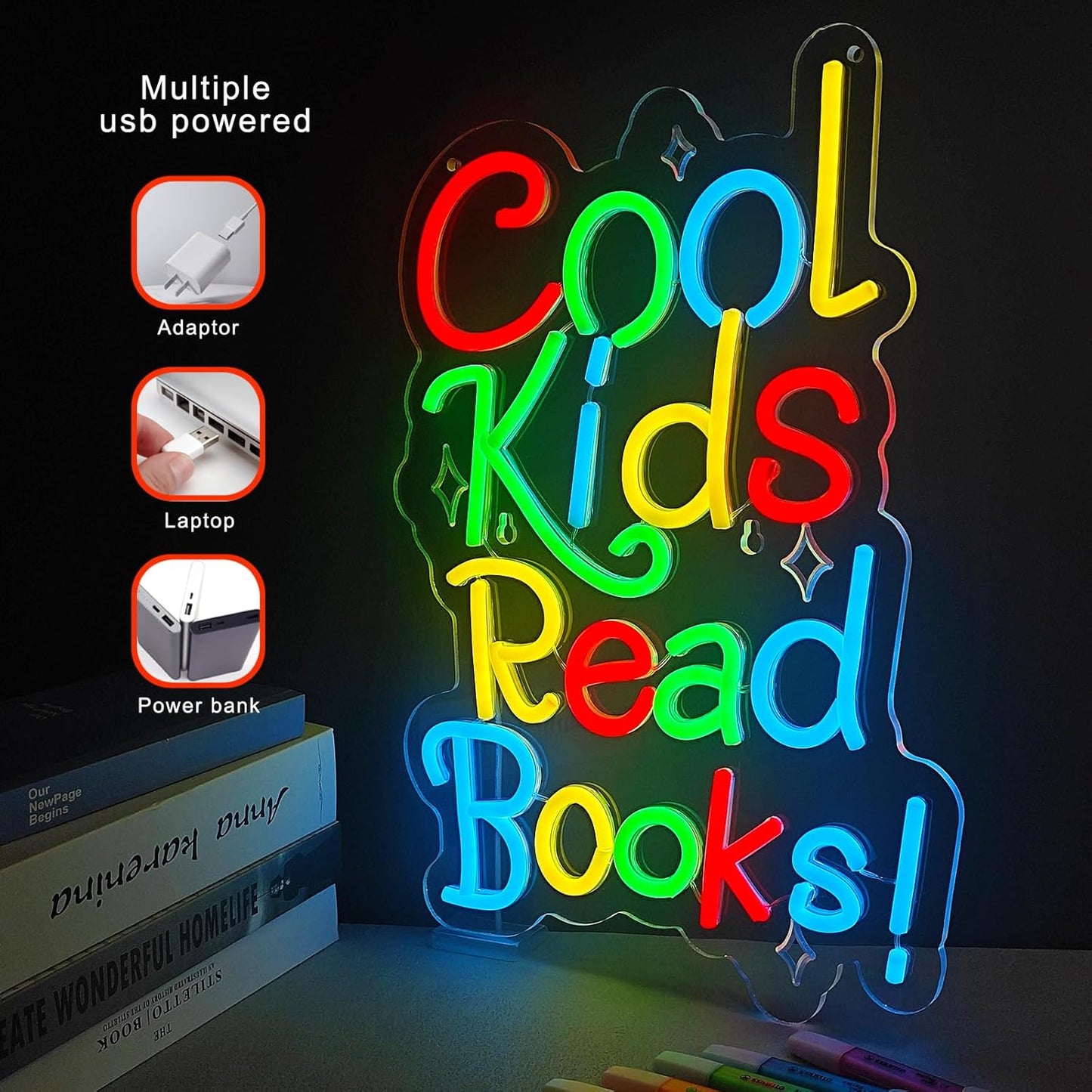 Cool Kids Read Books Neon Sign for Wall Decor,Reading Signs for Library,Hanging Decorations for Classroom Reading Corner Bedroom Study Room Motivational Wall Art（16.5“*11.4"）