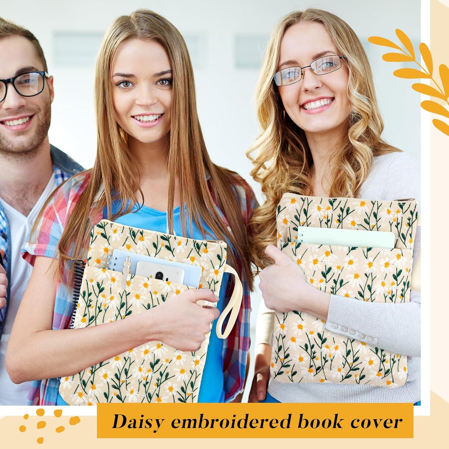 12''x9'' Daisy Embroidered Book Sleeve with Cotton Lining with Handle and Zipper Book Protector for Paperback and Hardcover, Christmas Ideal Gift Book Sleeve Pouch for Book Lovers(White)