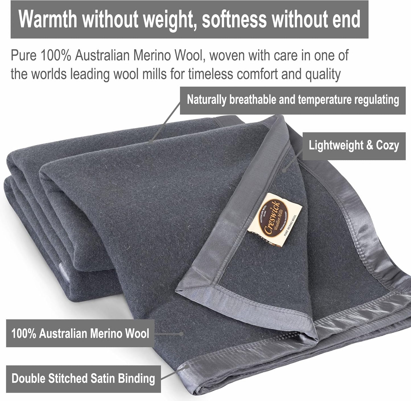Creswick Woollen Mills 100% Australian Merino Wool Blanket – Soft Warm and Natural with Satin Binding, Breathable Luxury Bedding for All Seasons, (Charcoal, Full/Queen Size)