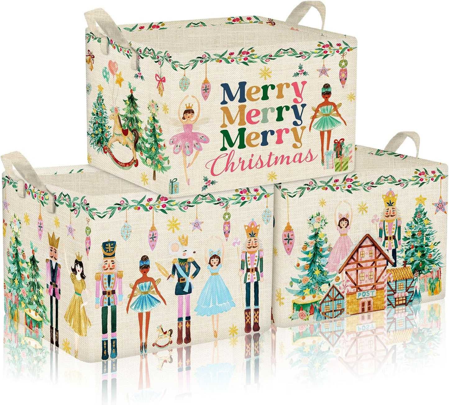 3 Pcs Christmas Nutcracker Baskets for Gifts Empty Christmas Tree Ballet Girl Soldier Storage Bin with Handle Fabric Storage Container Cube Box for Home Office Dorm Closet Shelf Organizer