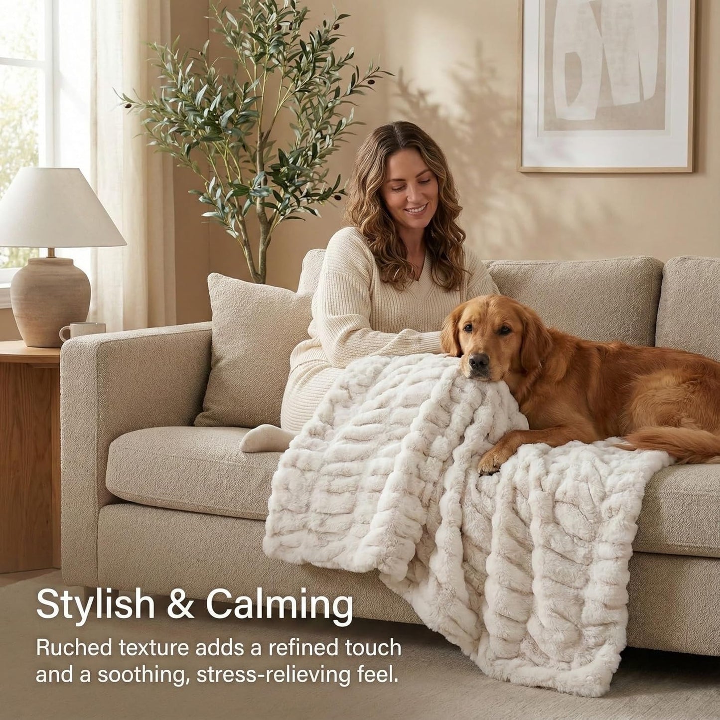 Luxury Concepts Soft Faux Rabbit Fur Throw Blanket - 50" x 60", Elegant Ruched Design Blanket, Machine Washable and Wrinkle Resistant, Lightweight Beige Throw Blanket for Couch, Sofa and Bed