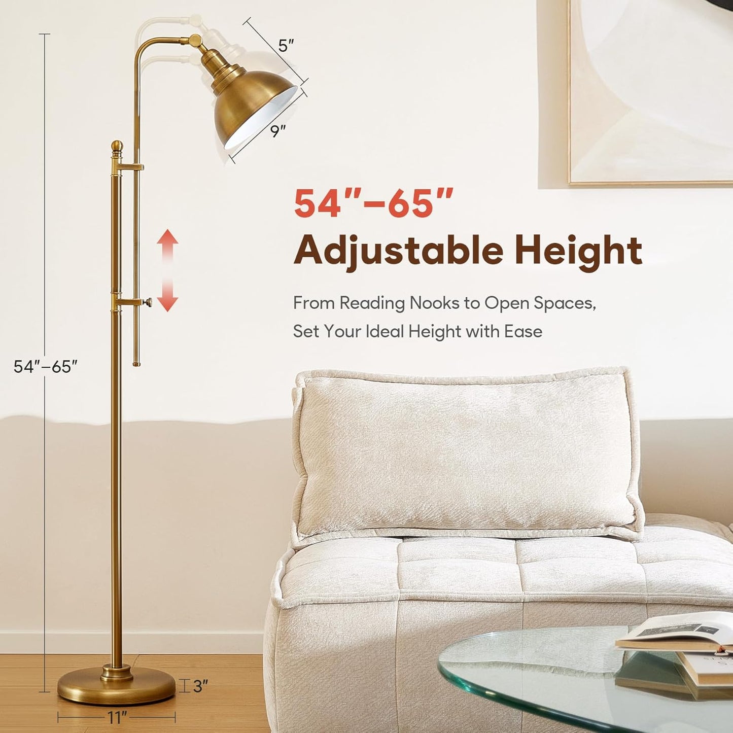 VONLUCE Floor Lamp for Living Room, 65" Industrial Brass Floor Lamp Adjustable Height & Head Vintage Metal Standing Reading Pole Lamp for Bedroom, Office, Farmhouse