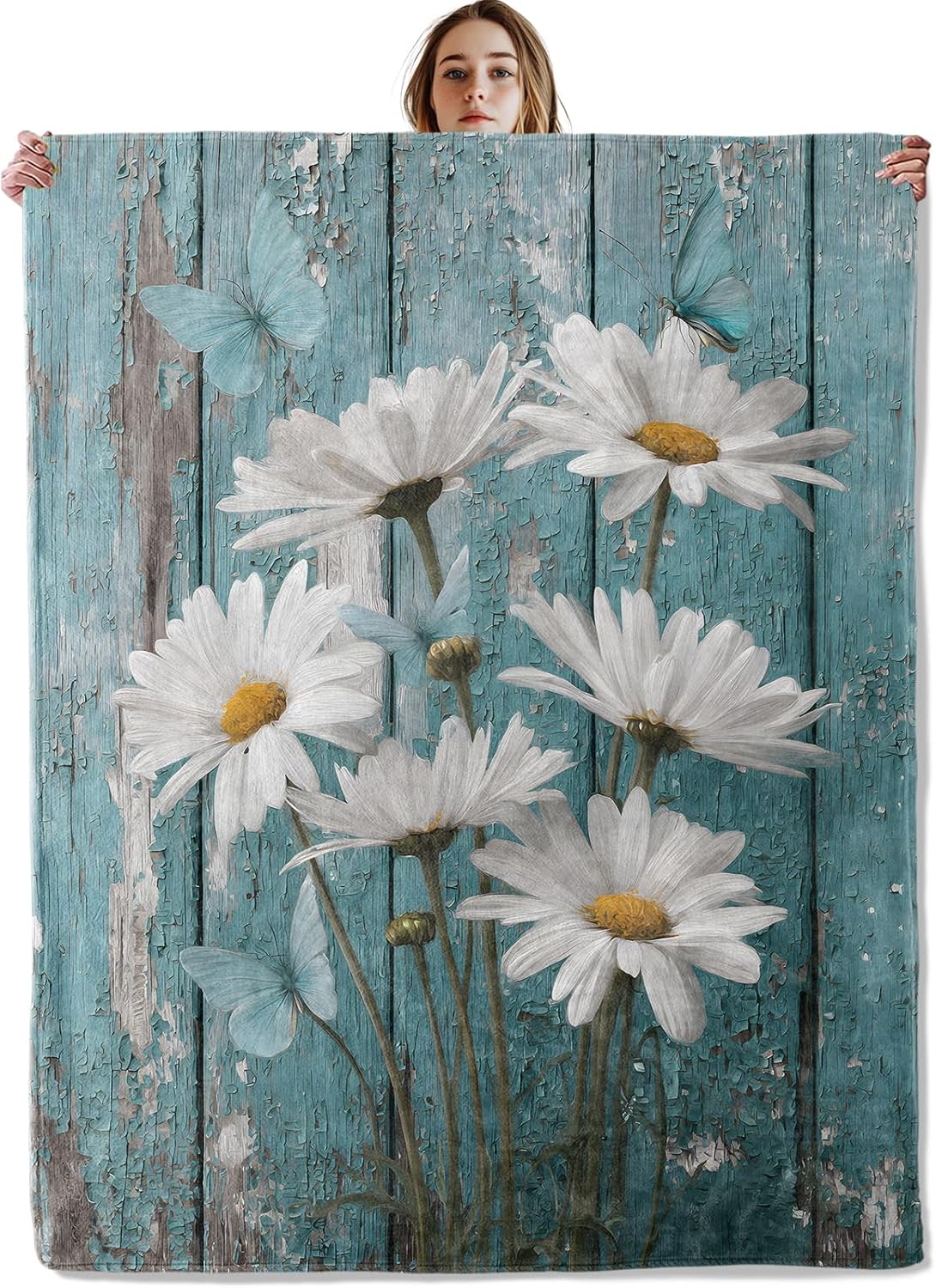 Daisy Flower Blanket, Soft Cozy Lightweight Rustic Blue Wood Background Throw Blanket for Women Girls Mom, Sofa Couch Bed 50x60 Inch Flannel Farmhouse Floral Blankets for Travel Decor Gifts