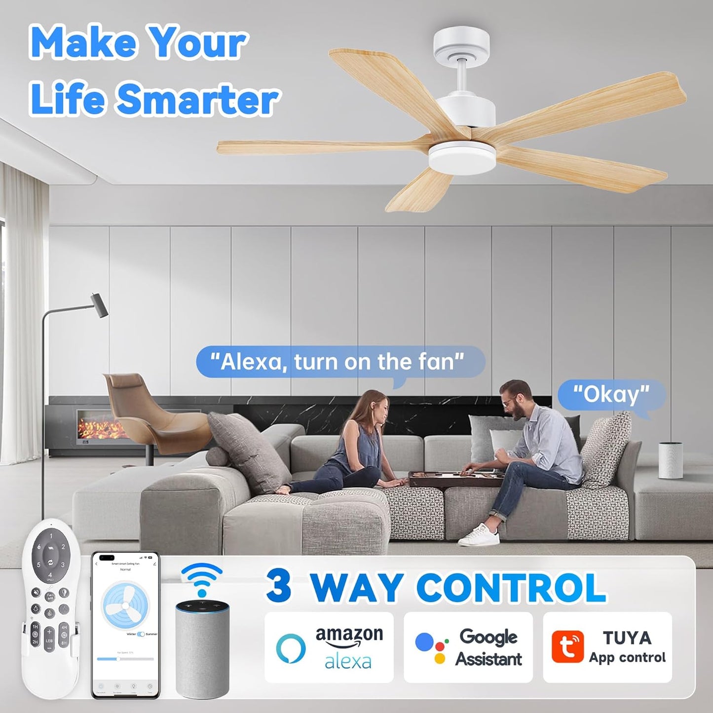 52 Inch Smart Ceiling Fan with Lights, Alexa/Google Voice Control, Quiet DC Motor, 6-Speed, Solid Wood Blades, Dimmable LED, 1-12H Timer, App & Remote Control, Modern Ceiling Fan for Bedroom, Patio