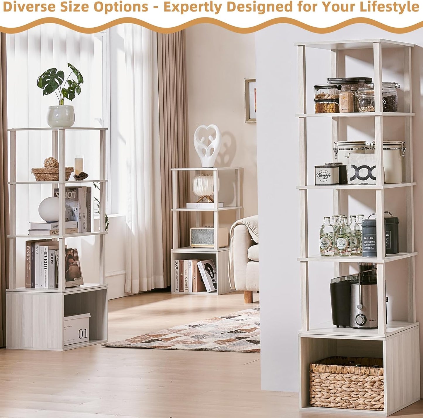 4 Tier Rotating Bookshelf with Storage Cabinet, 360° Display Revolving Bookcase, Square Spinning Book Shelf Tower Organizer, Freestanding Wooden Bookshelves for Small Space, Bedroom Living Room