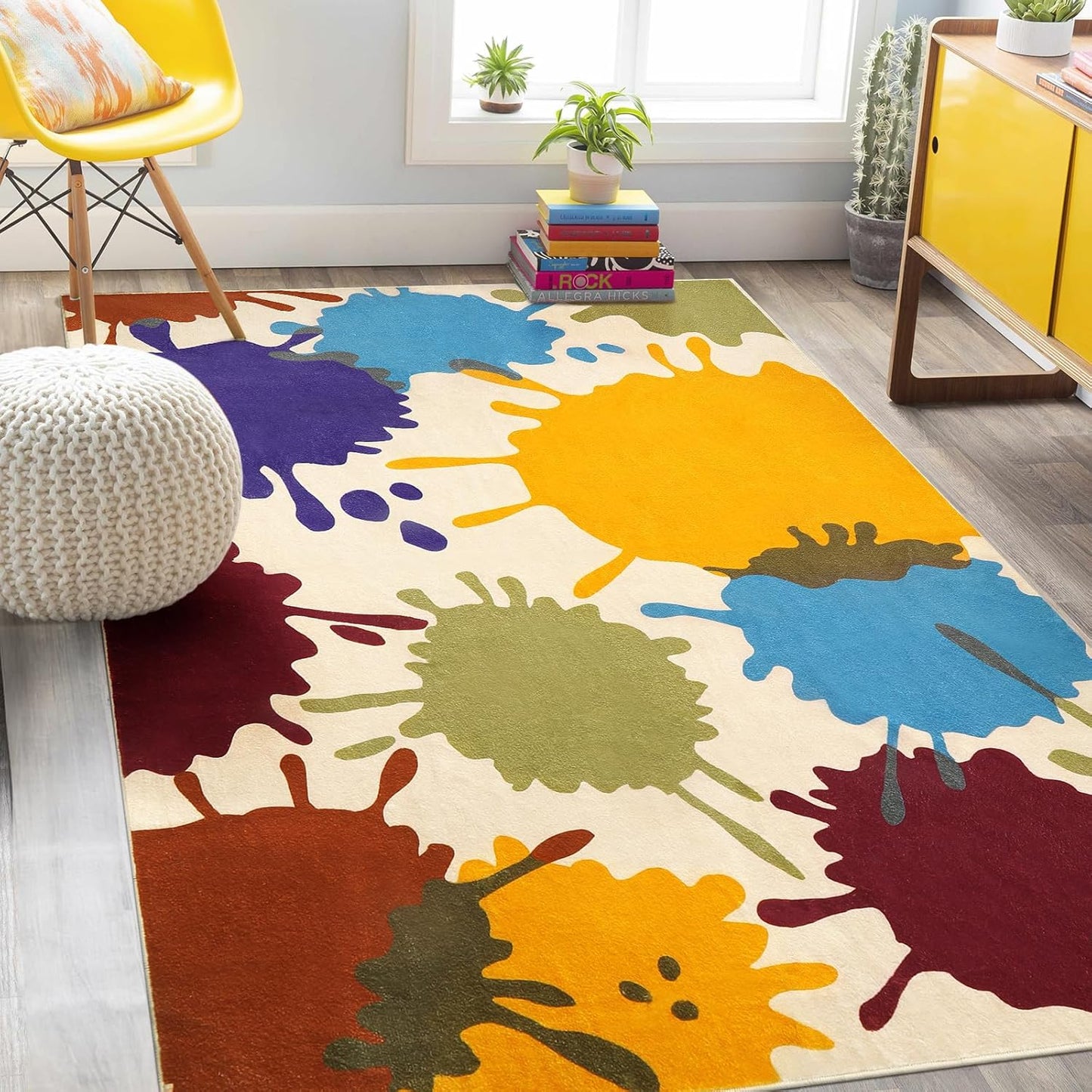 STARUIA Colorful Area Rug, 5'x7' Classroom Rug for Kids, Paint Splash Washable Rugs for Playroom, Non-Slip Rainbow Nursery Rugs Soft Living Room Carpet for Bedroom Dining Room Kids Room