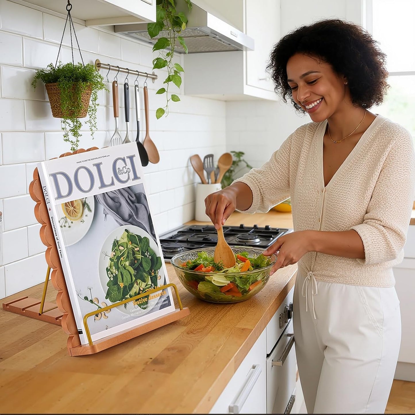 Cookbook Stand for Kitchen Counter, Adjustable Angle Wave Edge Wooden Cookbook Holder for Convenient Cooking, Recipe Book Holder Fits Tablets, Perfect Cooking Gifts for Women