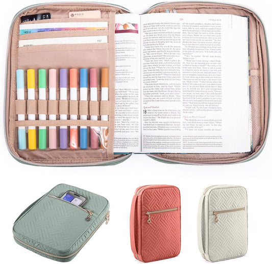 Quilted Bible Cover for Women, Zippered Organizer Bag with Sleeve for Study Supplies, Accessories & Journals, Church Carrying Gift for Girls, Book Carrying Case