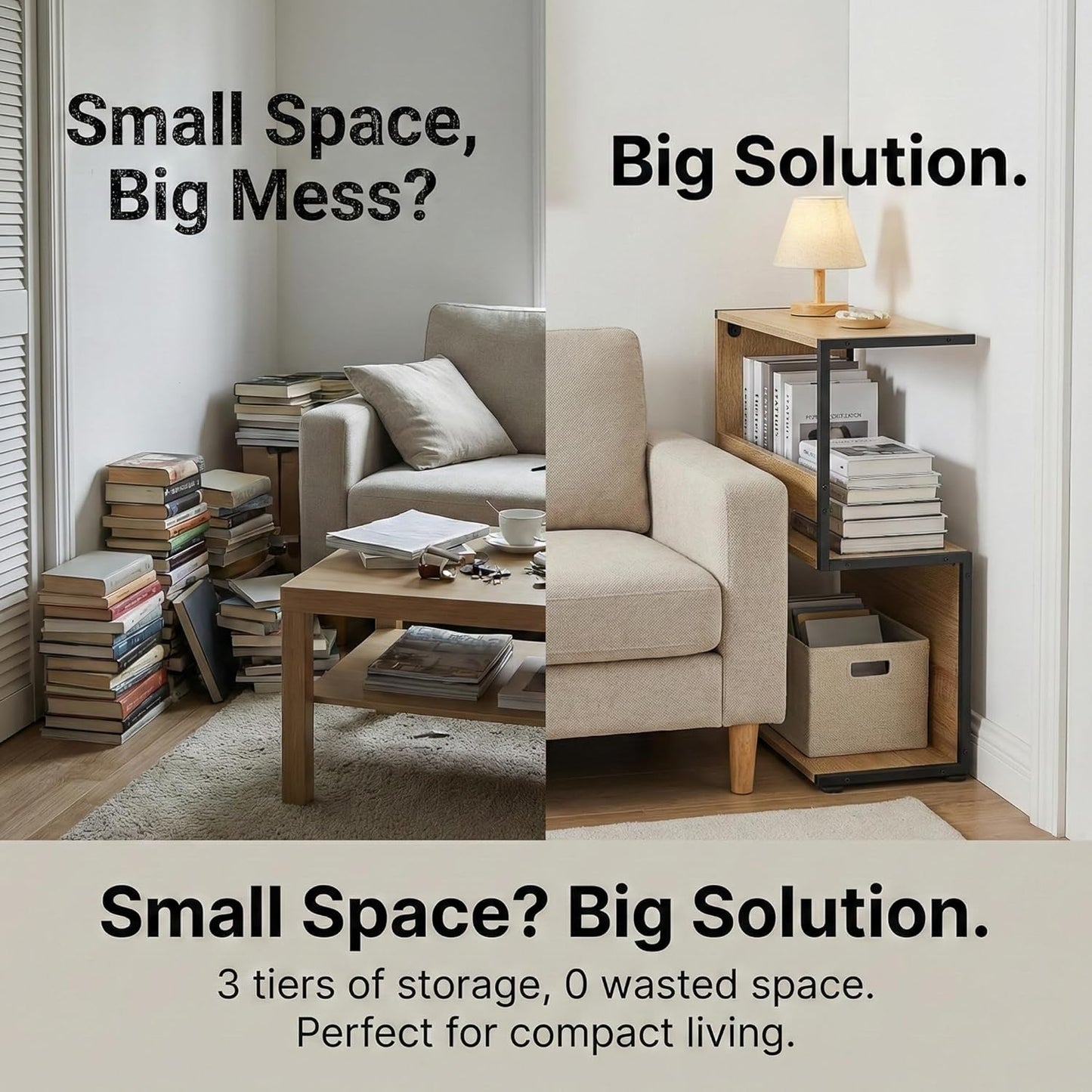 Bookshelf, Small End Table, S Shape Bookcase W/ 2-Layer Storage Shelves, Sofa Side Table for Small Spaces, Nightstand for Bedroom, Living Room, Stable Frame, Oak