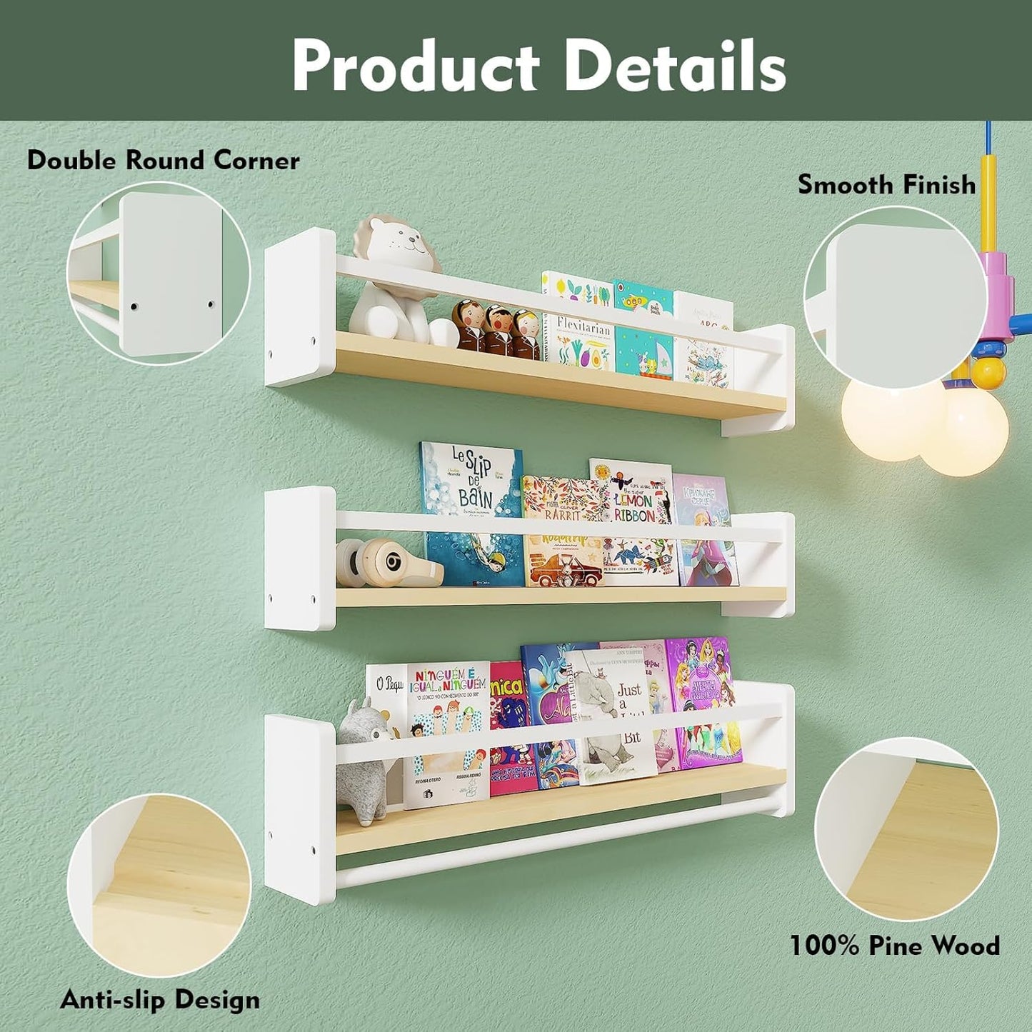 Nursery Floating Bookshelf for Kids, Wall Mounted Kids Book Shelf with Toy Storage, Pine Wood Nursery Shelves for Playroom, Bedroom, Toddler Room, Set of 3 (Pine & White, 23.6 Inches)