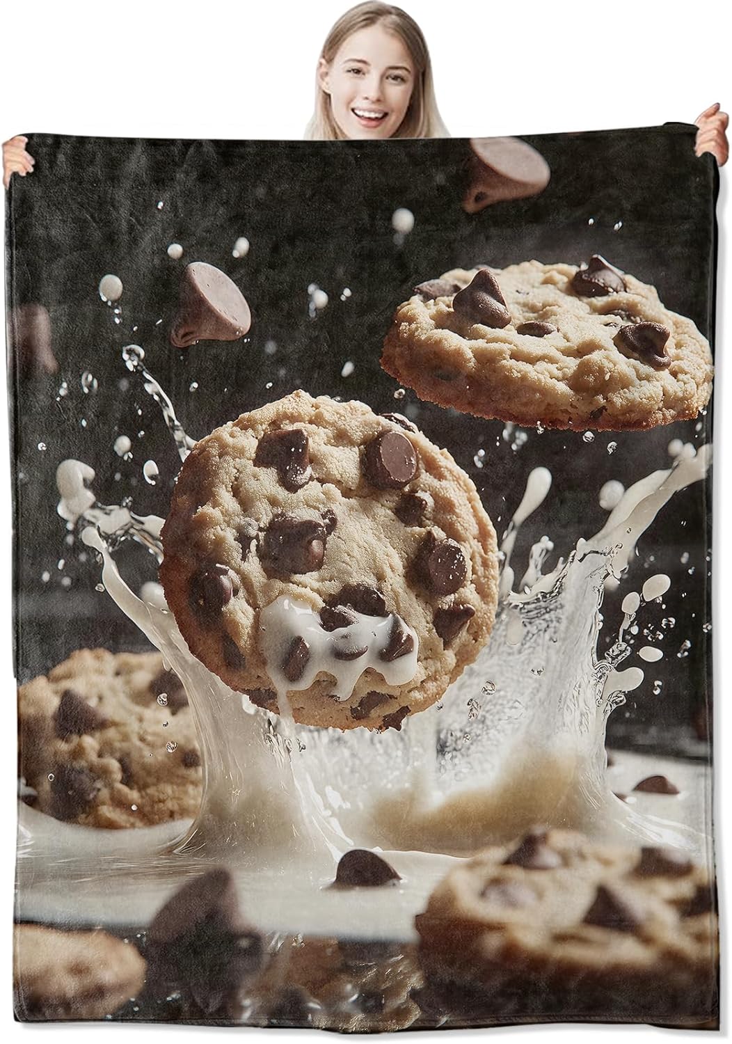 Chocolate Cookie Flannel Throw Blanket 50x60 Inch, Splashing Milk and Cookies Blankets Soft Cozy Fleece Realistic Throws for Food Lover Bed Sofa Dorm Living Room Funny Decor Gifts
