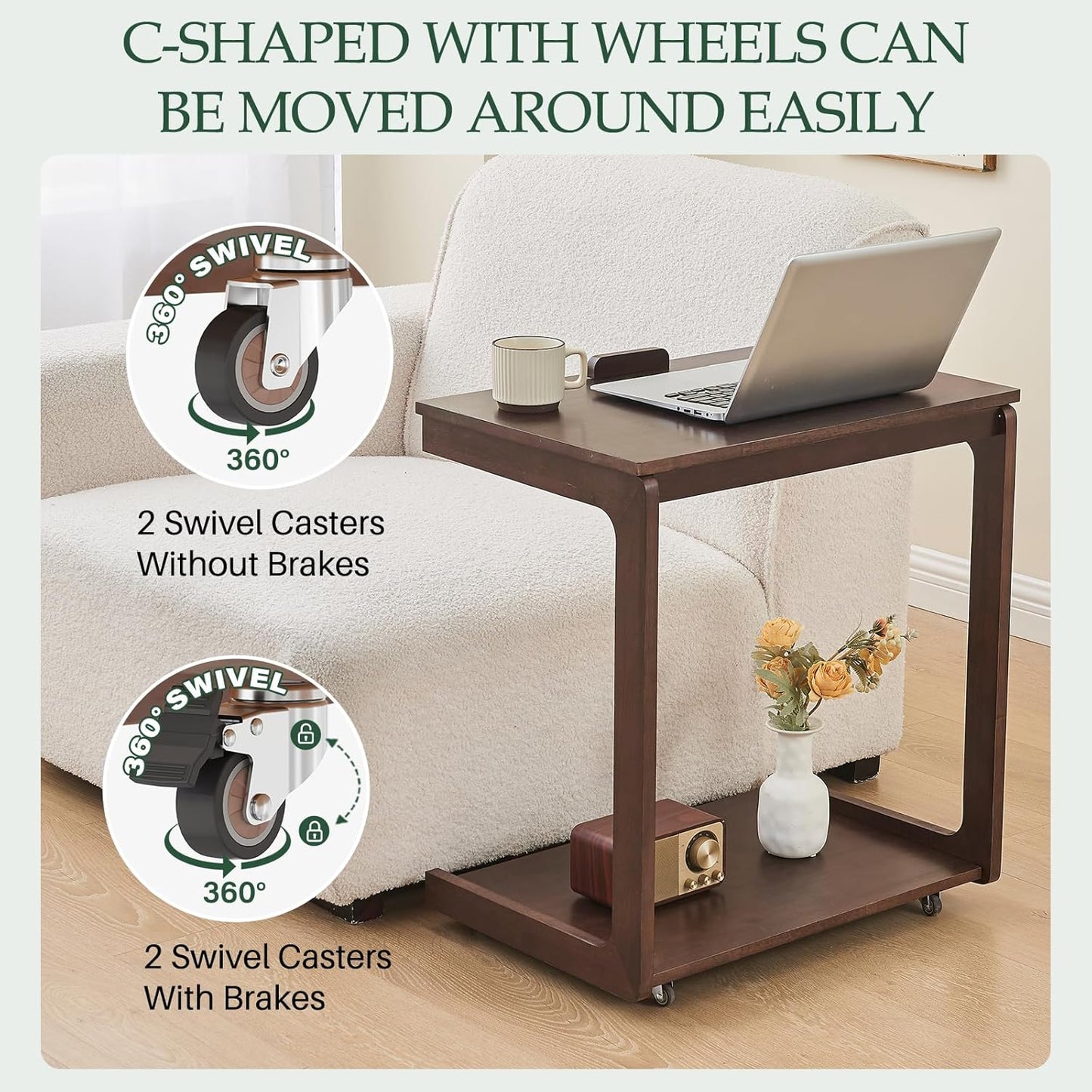 C Shaped End Table with Wheels - Solid Wood Rolling C Shape Small Side Table for Couch, Wooden Tv Tray Bedside Tables for Sofa Living Room Bedroom, Brown, 15.4 in x 23.6 in x 24.8 in