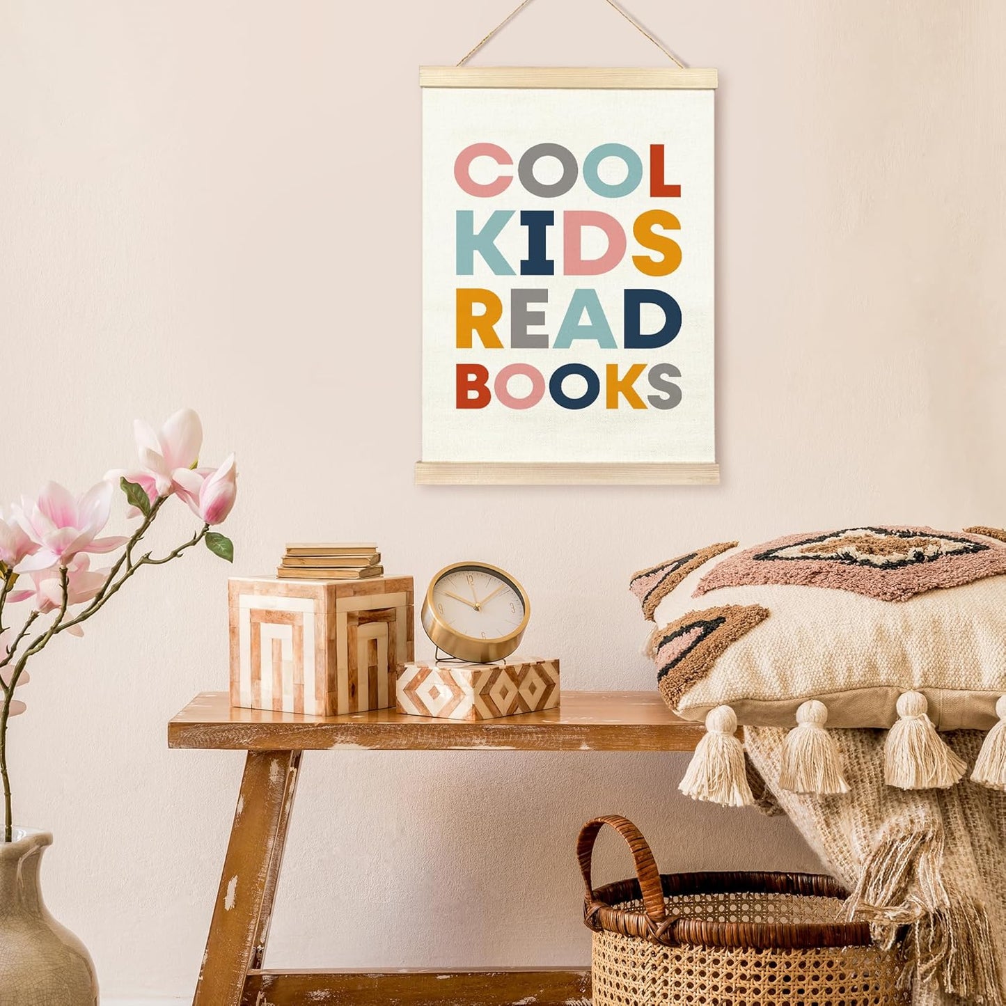 TAEDIN Cool Kids Read Books Poster Hanger Frame, Baby Boys Girls Wooden Canvas Artwork Print Hanging Sign Inspirational Book Lovers for Nursery Reading Corner Homeschool Classroom Home Decor 12X16