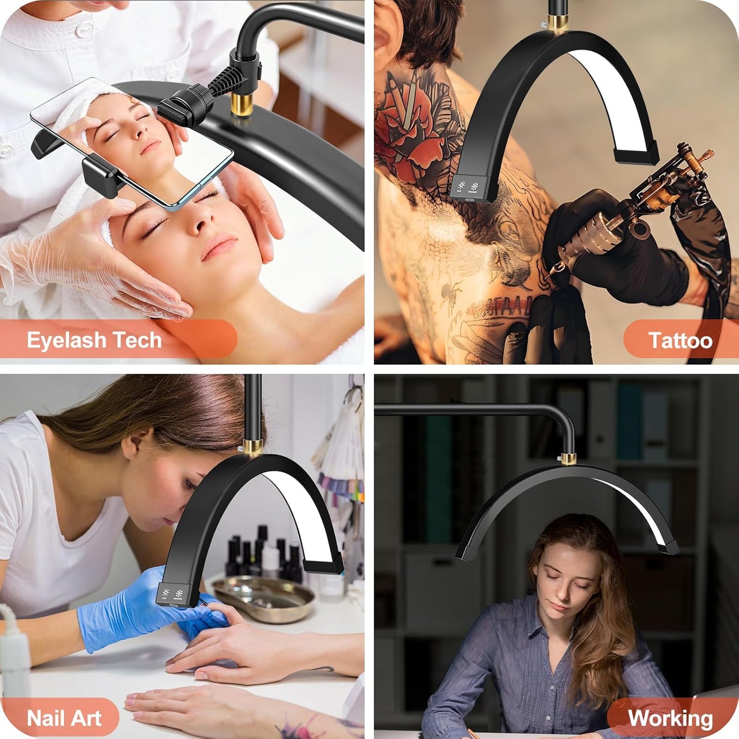 Half Moon Desk Light with Clamp, Touch Lash Lamp Nail Desk Light, Led Tattoo Light for Desk with Phone Holder, Adjustable 3 Color Lights for Lash Tech,Makeup,Photography,Reading,Work,Office (White)