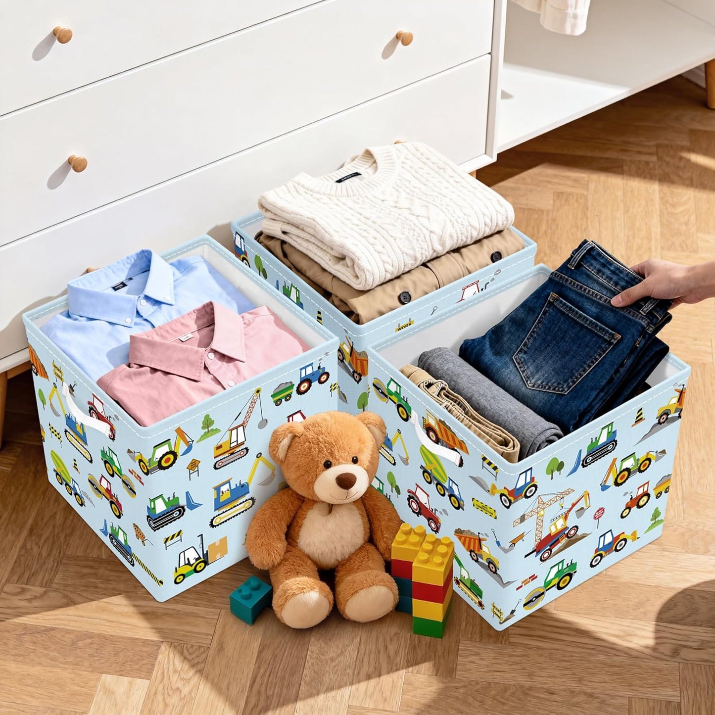 11.8" Engineering Vehicle Cube Storage Organizer Set 3Pcs Pickup Truck Cube Storage Bin for Bedroom Bulldozer Kid Book Toy Chest, Cartoon Car