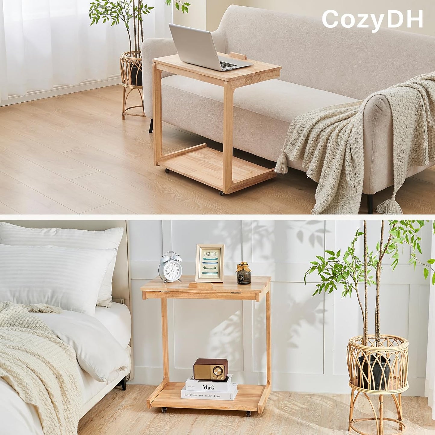 Couch Tables That Slide Under - C Shaped End Table for Couch, Wooden Side Table for Sofa, Small Sofa Arm Tray Desk, Rolling Side Table with Wheels for Laptop/Living Room/Bedroom, Natural