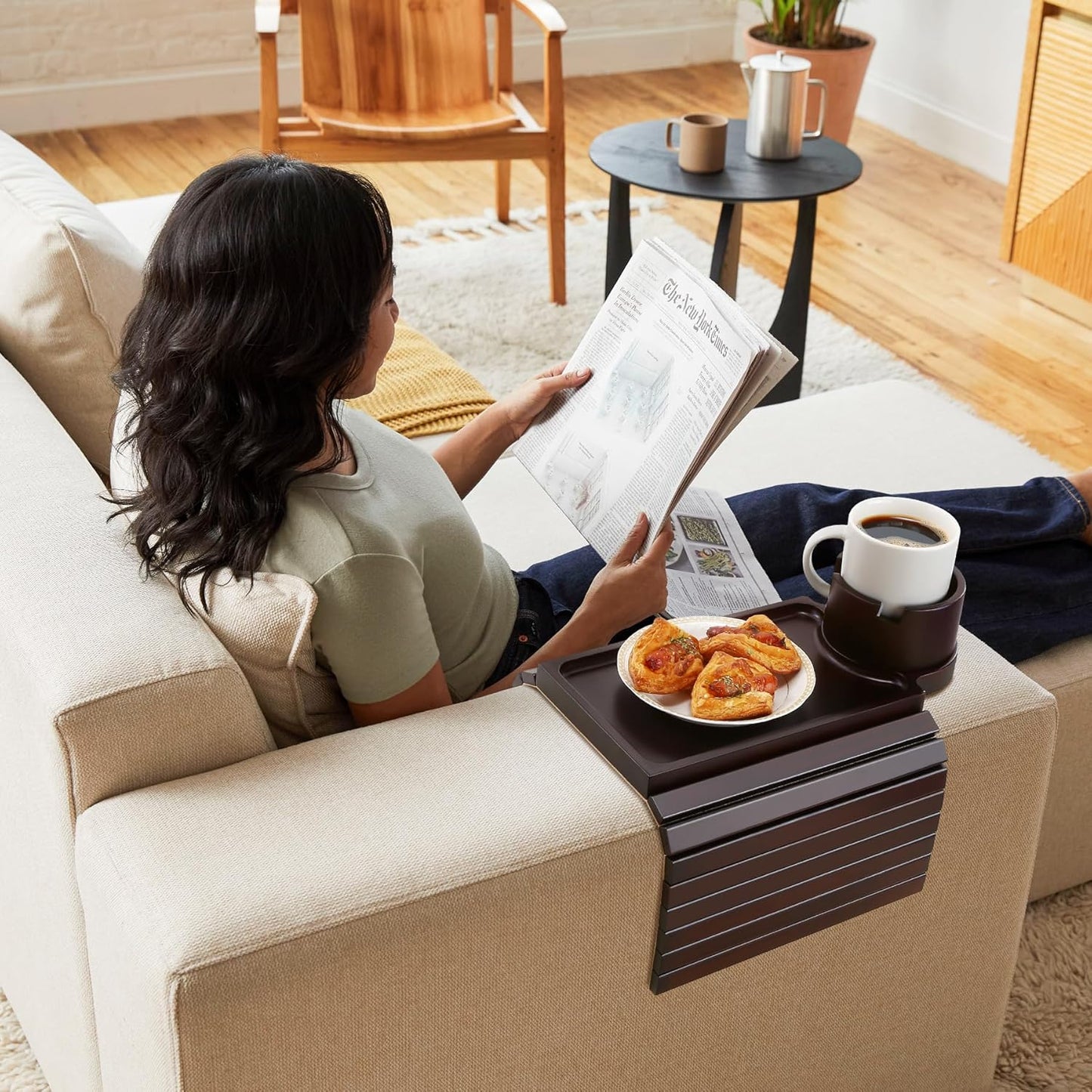Couch Cup Holder Tray, 3 in 1 Large Couch Arm Trays,Bamboo Chair Clip on Tray with 360° Ratated Phone Cup Holder for Couch,Snacks,Remote,Phone-Black Walnut