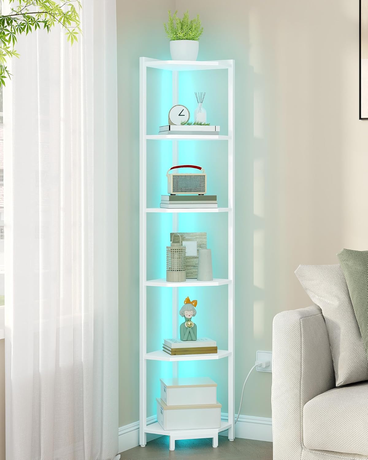 Corner Shelf with LED Light, 6-Tier Corner Bookshelf, Tall Narrow Display Bookcase with Metal Frame, Standing Shelf for Small Space, Living Room, Home Office, Bedroom, White CS66613W