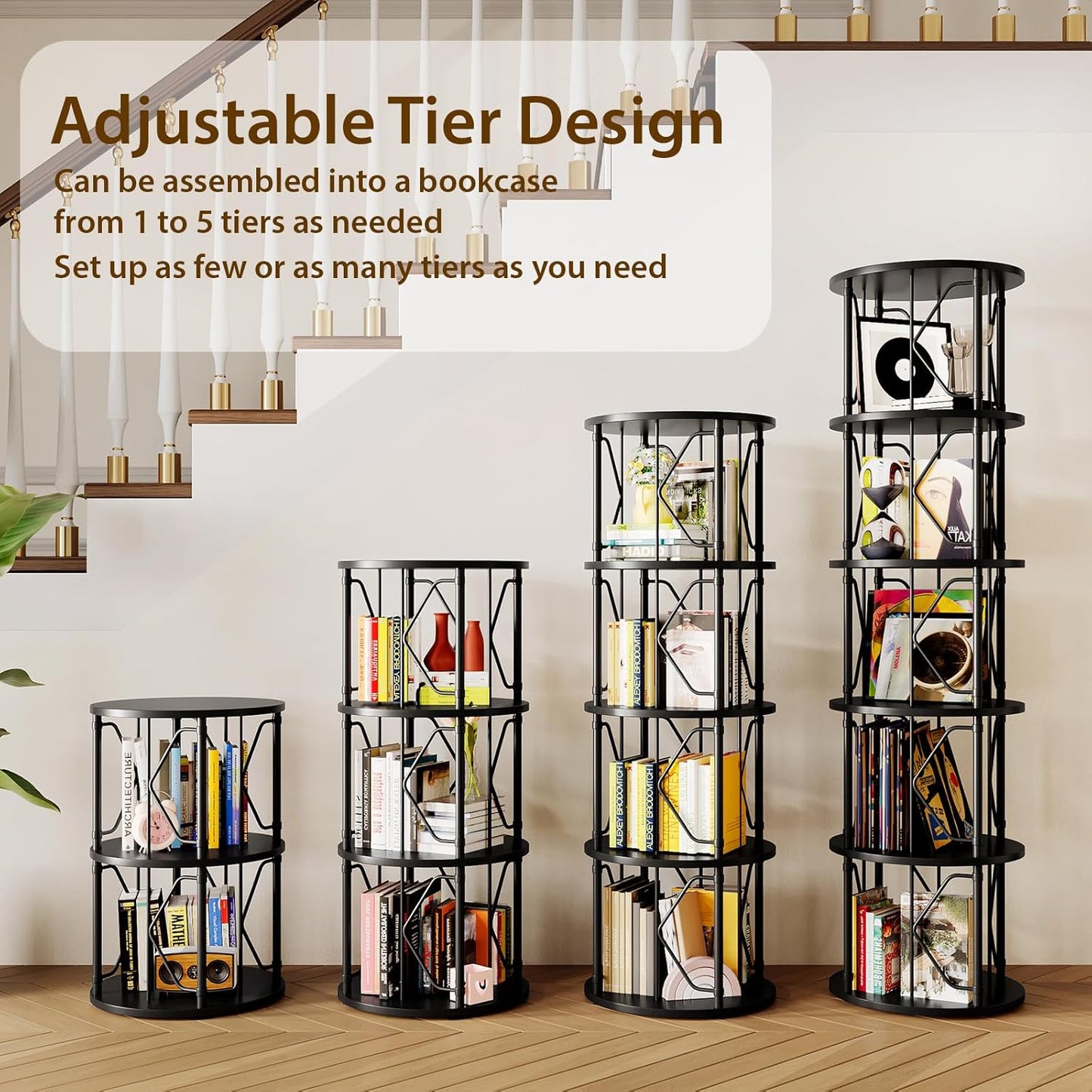 5 Tier Rotating Bookshelf Tower, Revolving Bookcase, 360° Round Spinning Book Shelf, Narrow Swivel Bookshelves Vertical Turning Corner Bookshelf Organizer for Bedroom, Living Room, Black