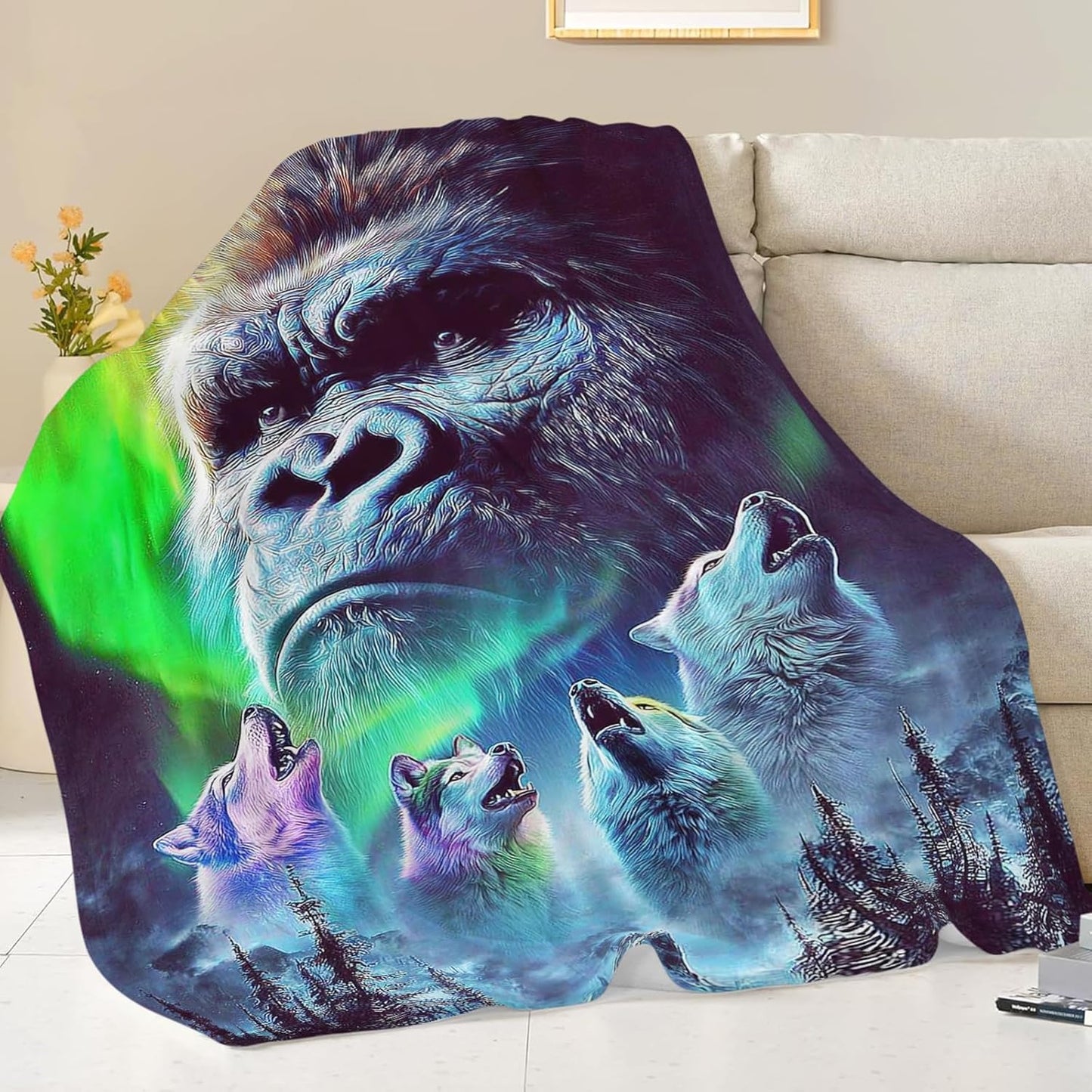 Gorilla Wolf Blanket for Girls Women Boys Men Adults Kids Soft Cozy Fleece Aurora Chimpanzee Foot Throw Blankets Gifts Warm Flannel Plush Lightweight Decor for Couch Bed Sofa 50"X40"