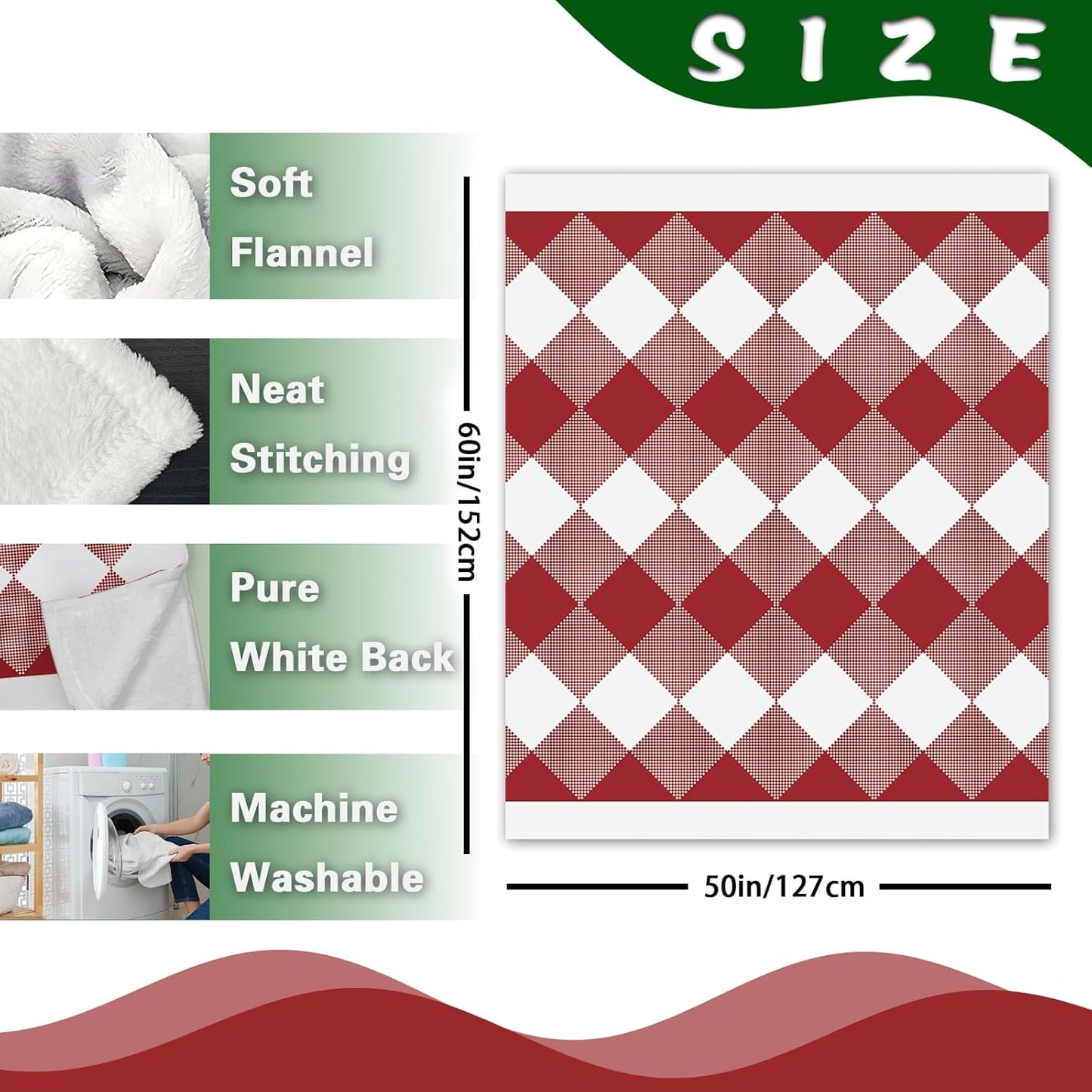 Christmas Red White Buffalo Plaid Check Flannel Throw Blanket, Xmas Birthday Gifts for Kids Men Women, Winter Holiday Soft Blankets for Bedding Sofa 50 x 60 Inches