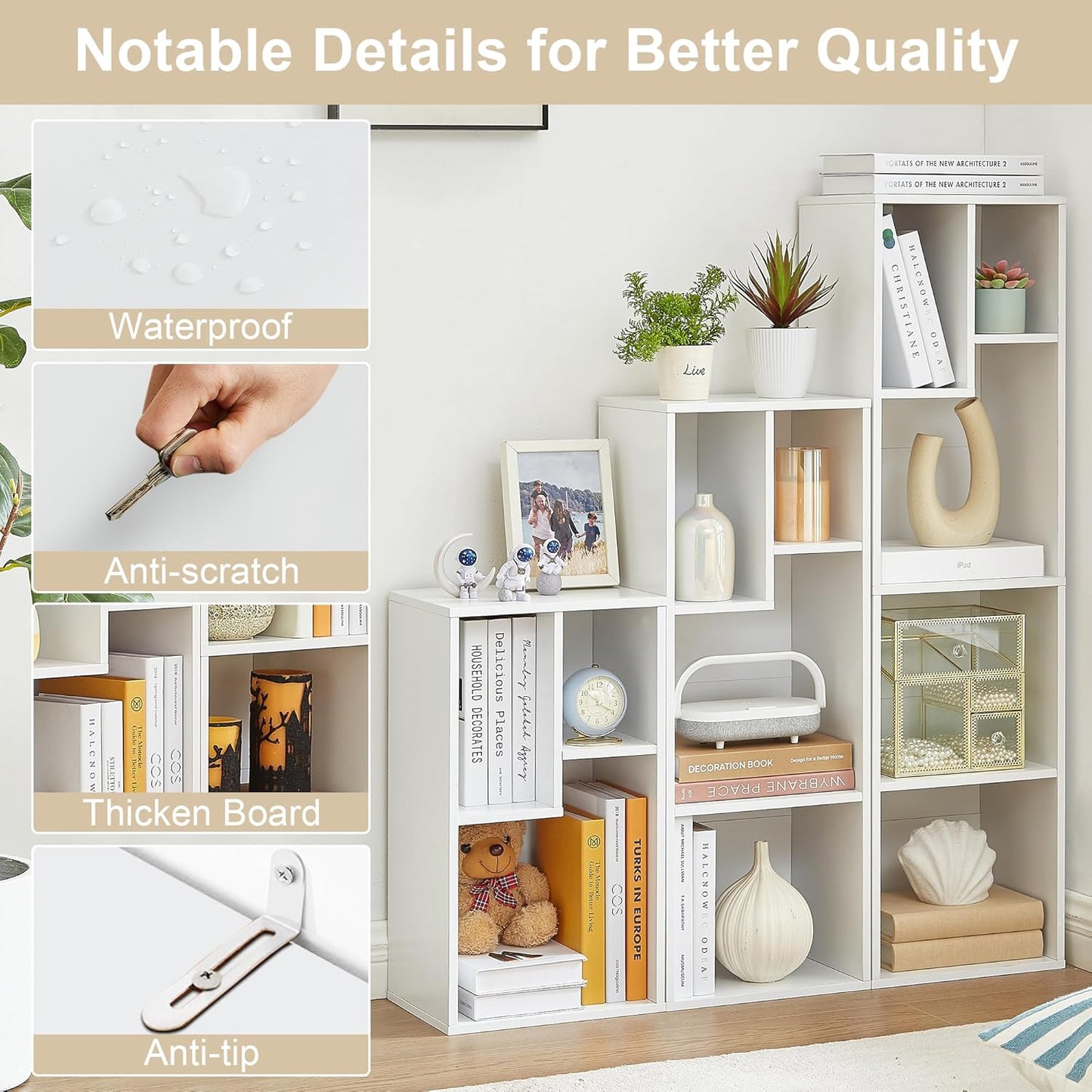 VECELO Narrow Bookshelf Set, Fits 9.3" × 10-12.8" Hardcovers, Cube Storage Bookcases, Free-Standing for Living Room, Bedroom, Home Office, 2/3-Tier, 2-Pack, White