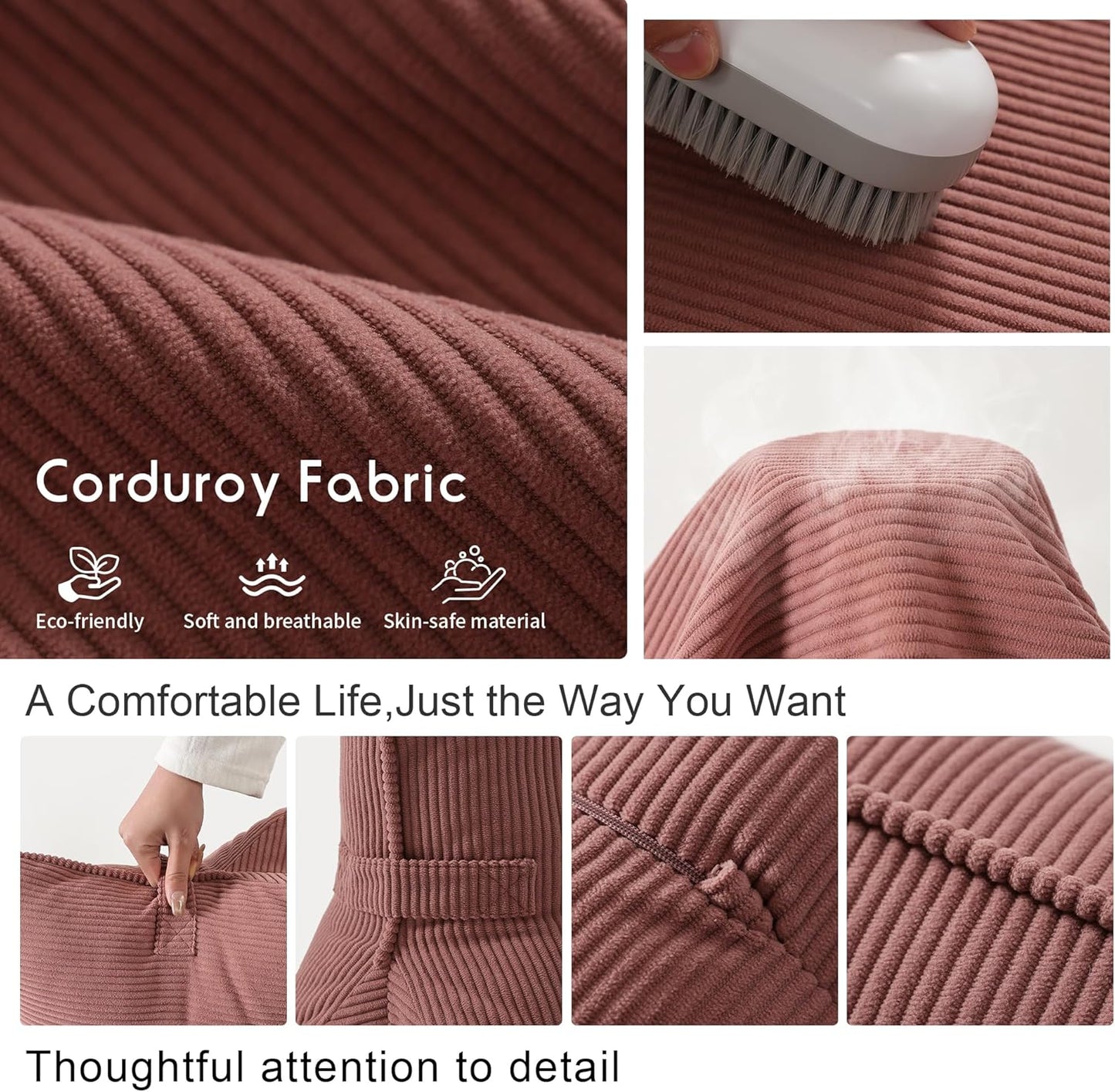 Corduroy Back Pillow for Sitting Up & Reading, Ergonomic Triangle Lumbar Support Cushion for Sofa, Armchair & Bed, Removable Cover, Brick Brown