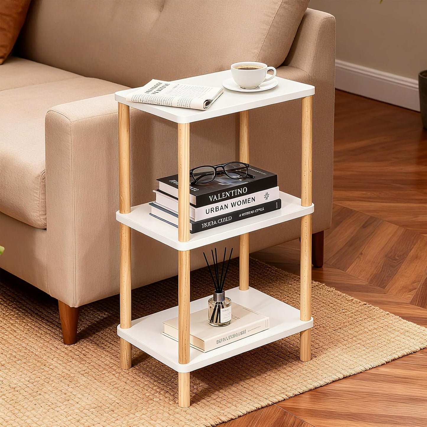 YGYQZ 3 Tier End Table，Tall Side Table with Solid Wood Legs，Small Bedside Table with Storage Shelf，Nightstand for Small Spaces，Living Room,Bedroom，29 in Hight,No Tool Installation,White+Natural