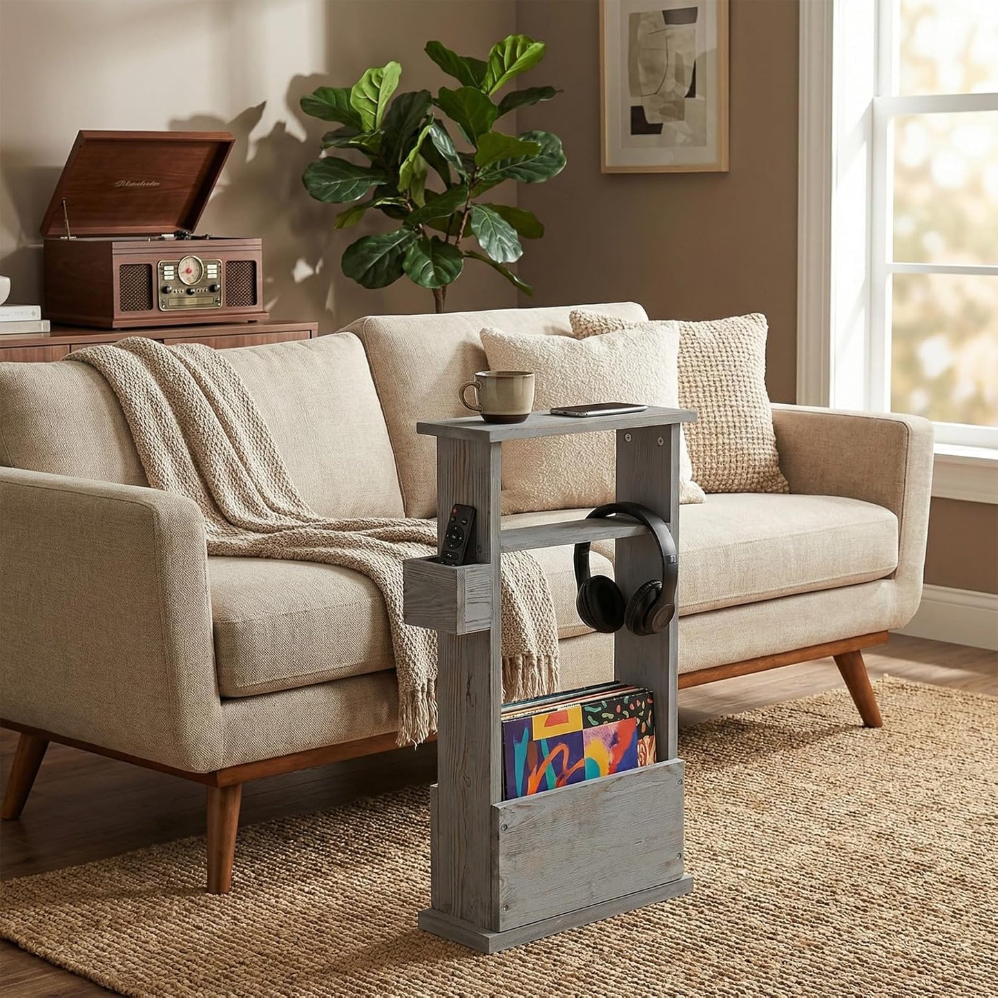 MyGift Narrow Side Table, Slim End Sofa Table in Vintage Gray Wood with Storage Shelf, Magazine and Remote Holder