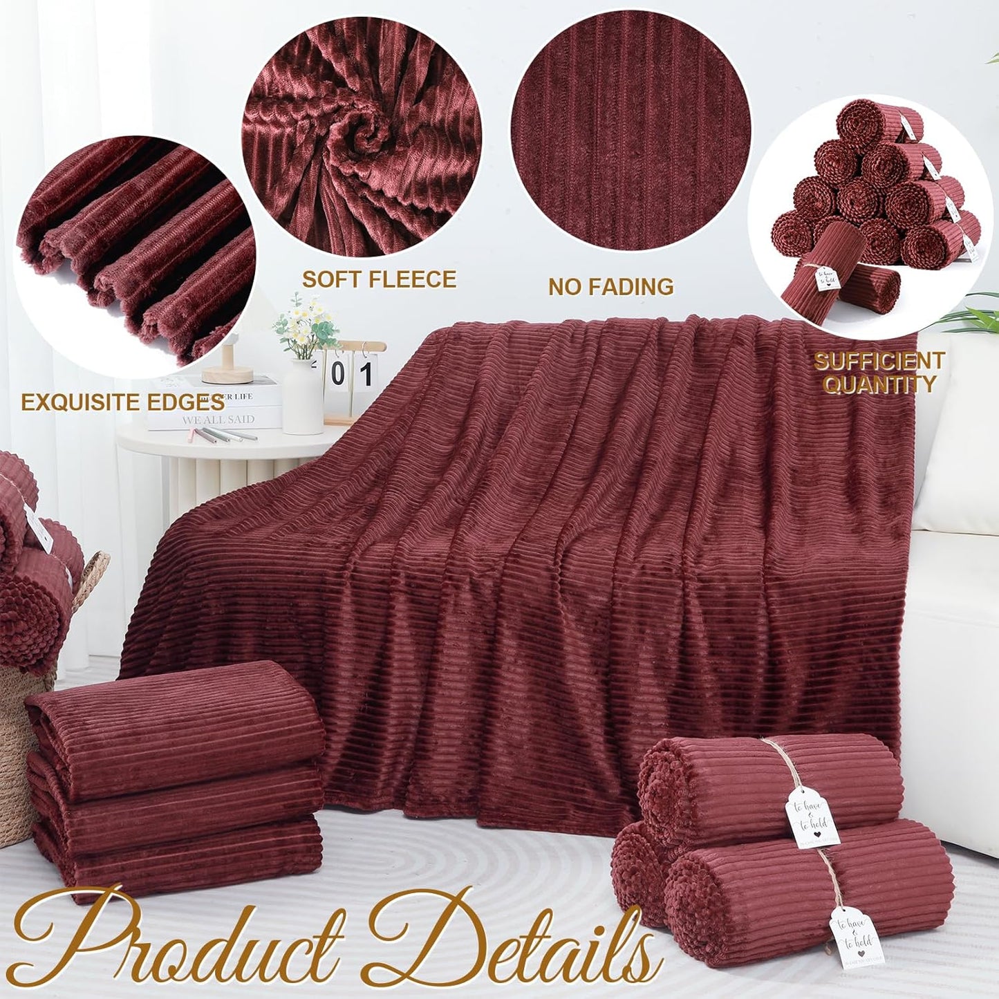 24 Pcs Burgundy Wedding Flannel Throw Blanket Bulk 50 x 60 Inch with to Have to Hold Card Striped Ribbed Soft Throw Blanket Lightweight Blankets for All Seasons Wedding Gifts Sofa Room(Burgundy)