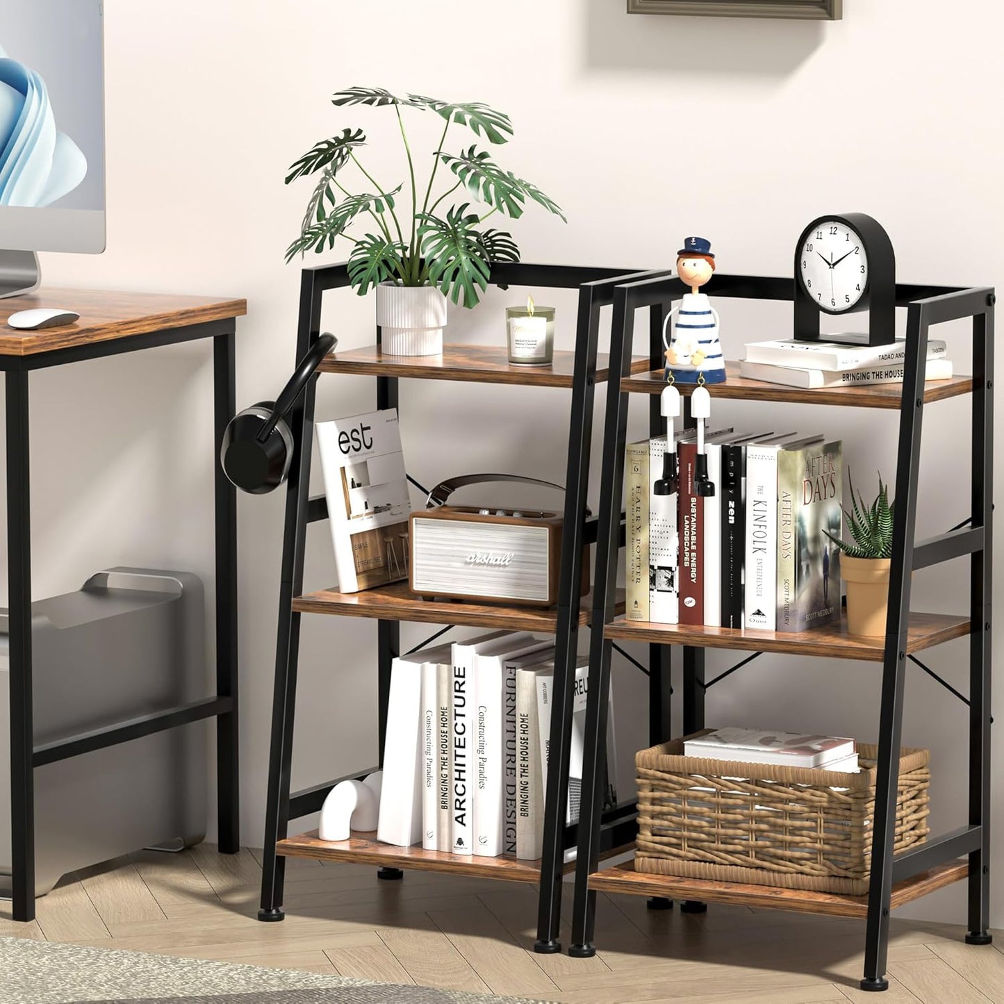 3-Tier Bookshelf, Ladder Shelf, Industrial Bookcase with Steel Frame, Metal Small Bookcase, stand up shelves for Living Room, Home Office, Kitchen, Bedroom, Industrial Style（Rustic Brown & Black）