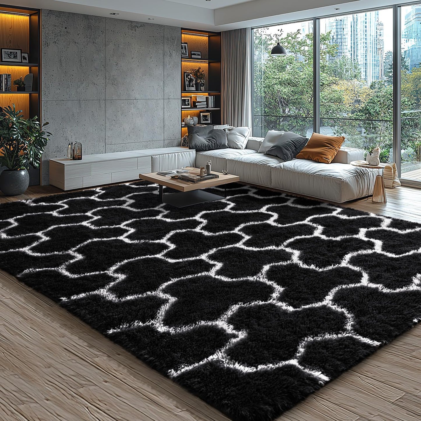 EVOIONOS 6x9 Washable Large Area Rug for Living Room, Black and White Geometric Pattern Fluffy Shag Rug for Bedroom, Ultra Soft Plush Non Slip Carpet for Indoor Floor Nursery Kid Home Decor Aesthetic
