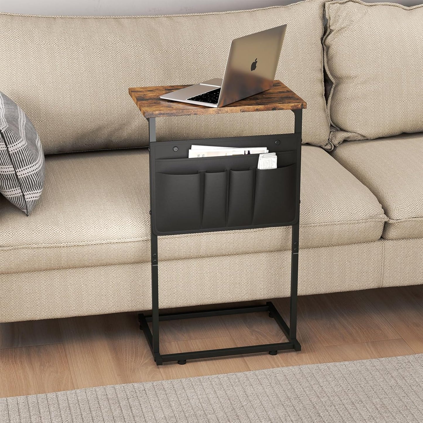 C Shaped End Table, Small Side Table with Storage Bag for Couch, Sofa Table with Metal Frame for Living Room and Bedroom Bedside, Rustic Brown ZER-007Br