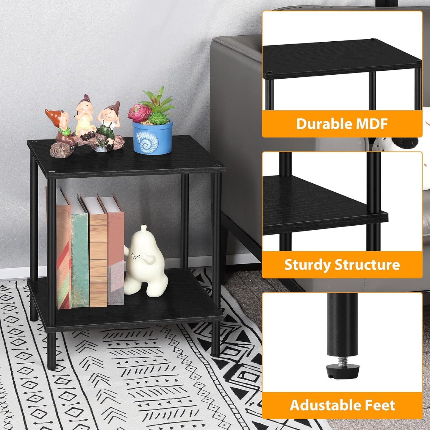 ETELI Small Side Table Black Narrow End Table with Storage Shelf Modern Square Bedside Table Wood Nightstand for Living Room Bedroom Office