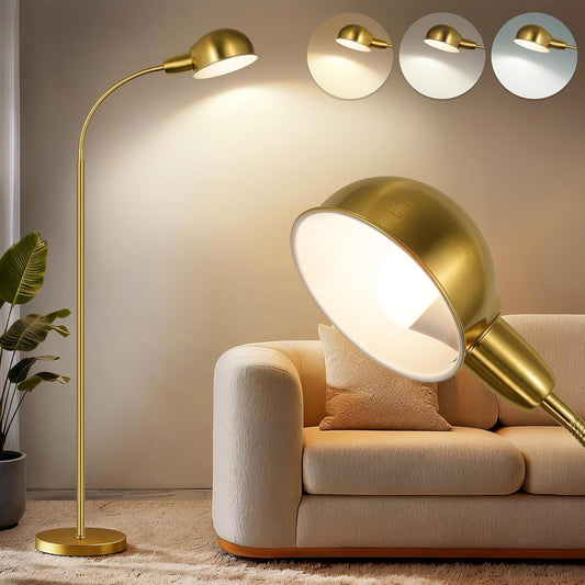 Floor Lamp for Living Room, 63" Standing Lamp with Adjustable Gooseneck, 3 Color Temperatures, Industrial Gold Floor Lamp Reading for Bedroom, Office, 9W LED Bulb