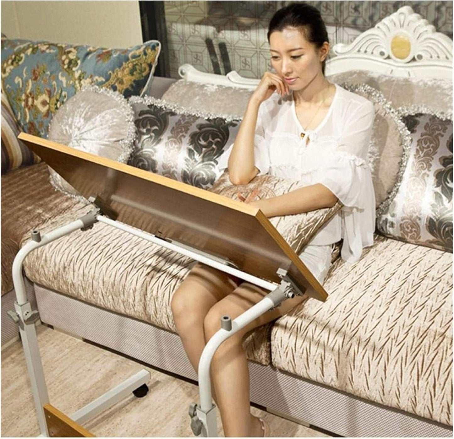 Height Adjustable Table Side Table for Bed Sofa Hospital Nursing Reading Eating Portable Computer Desk for Living Room Bedroom (Color : Teak Size : 80x50cm) (White 60x40cm)