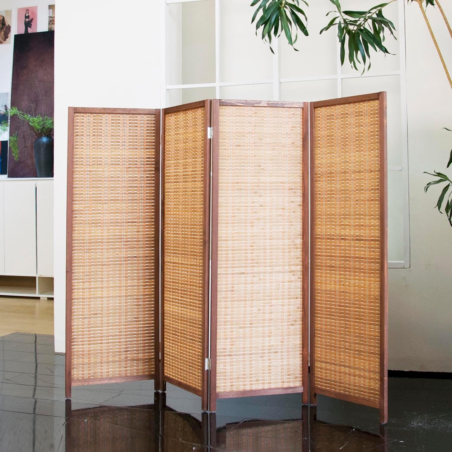 4 Panel Short Room Divider – 3.9 ft Tall Double-Side Folding Privacy Screen, Natural Brown Bamboo Partition Wall for Home Office, Living Room & Corner Spaces
