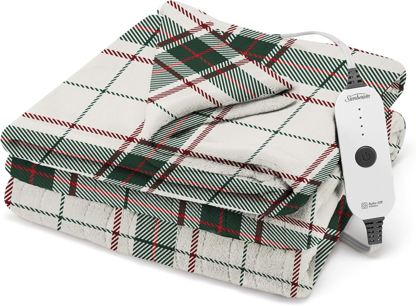 Sunbeam Electric Throw Royal Posh Heated Blanket, 4 Heat Settings, 4-Hour Auto Shut-Off, Fast Heating, Warm and Cozy, Eggshell Plaid, 50" x 60"