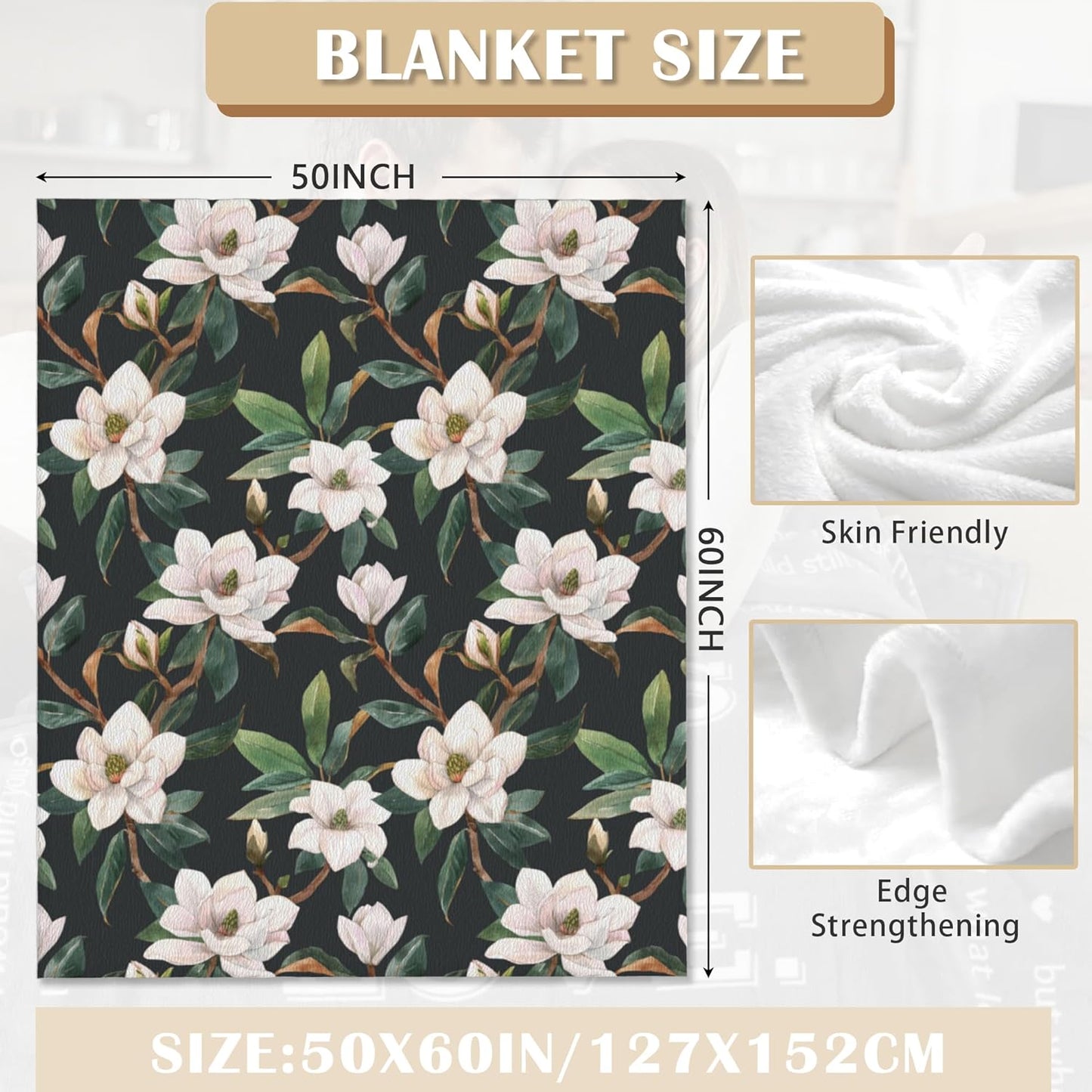 White Magnolia Soft Throw Blanket All Season Warm Blankets Lightweight Flannel Throws Blanket for Living Room Bed Couch 50"x60"